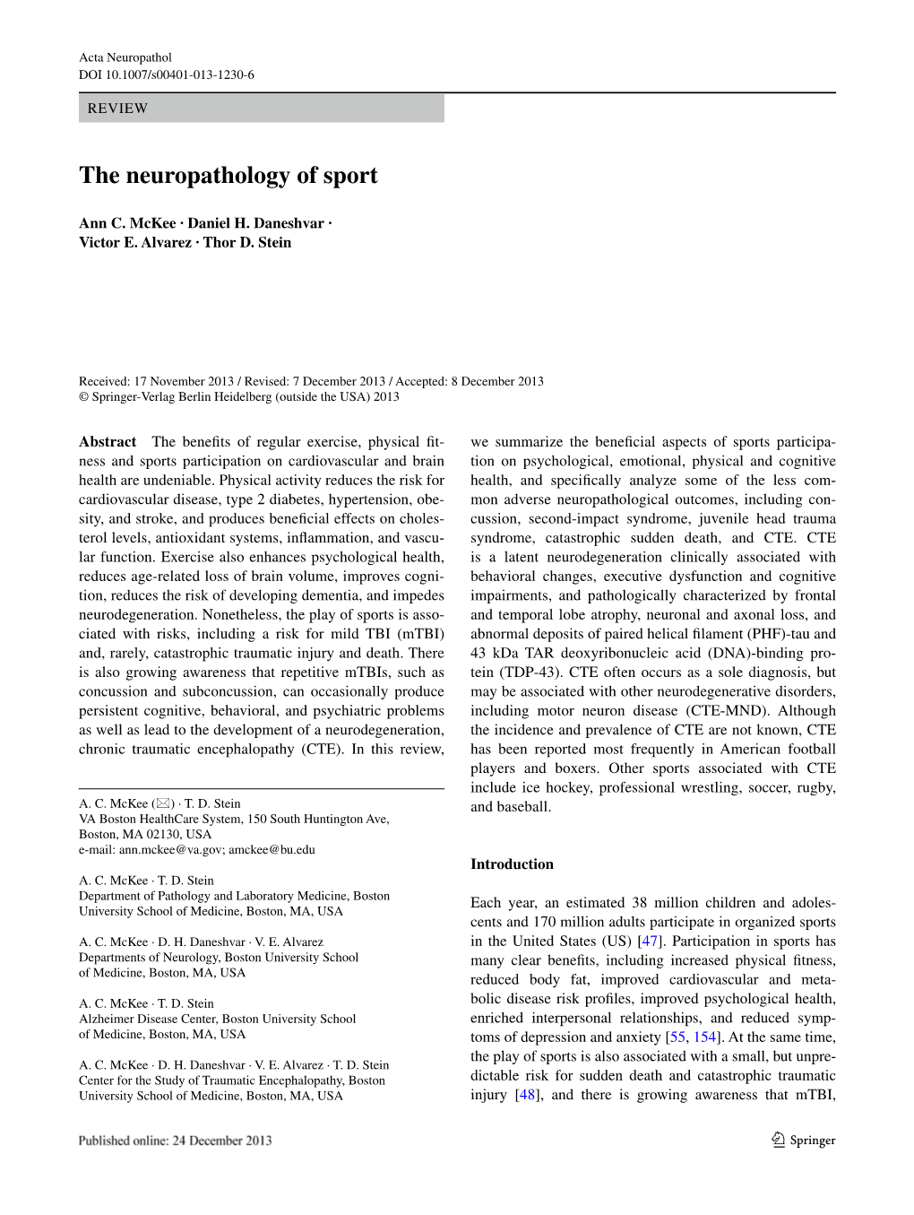 The Neuropathology of Sport