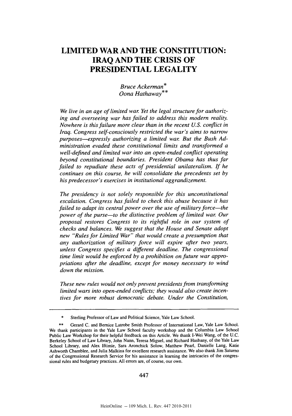 Limited War and the Constitution: Iraq and the Crisis of Presidential Legality