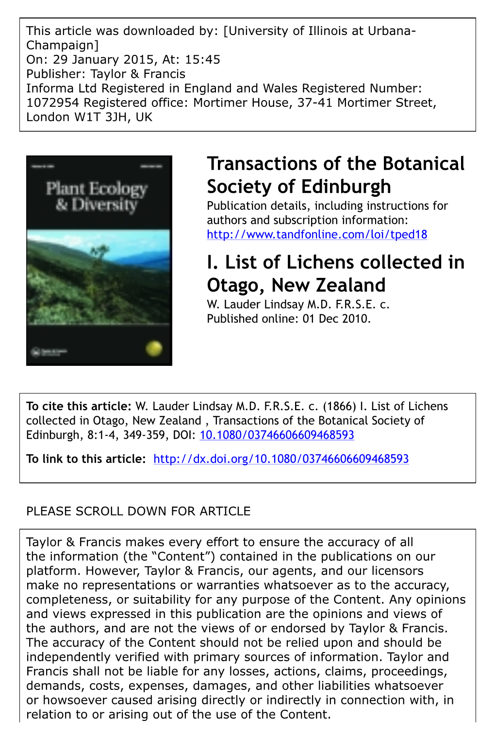 Transactions of the Botanical Society of Edinburgh I. List of Lichens