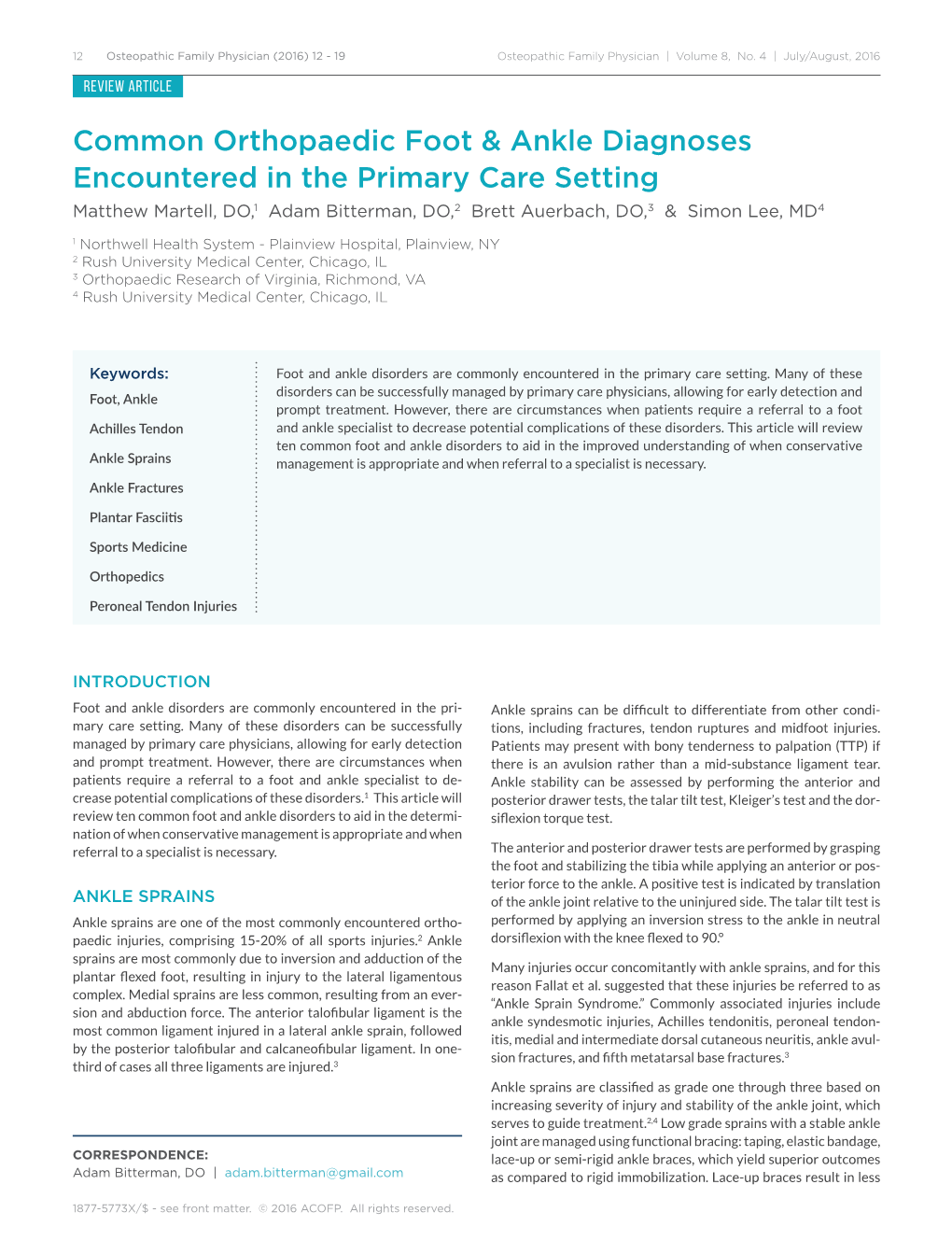 Common Orthopaedic Foot & Ankle Diagnoses Encountered in the Primary Care Setting