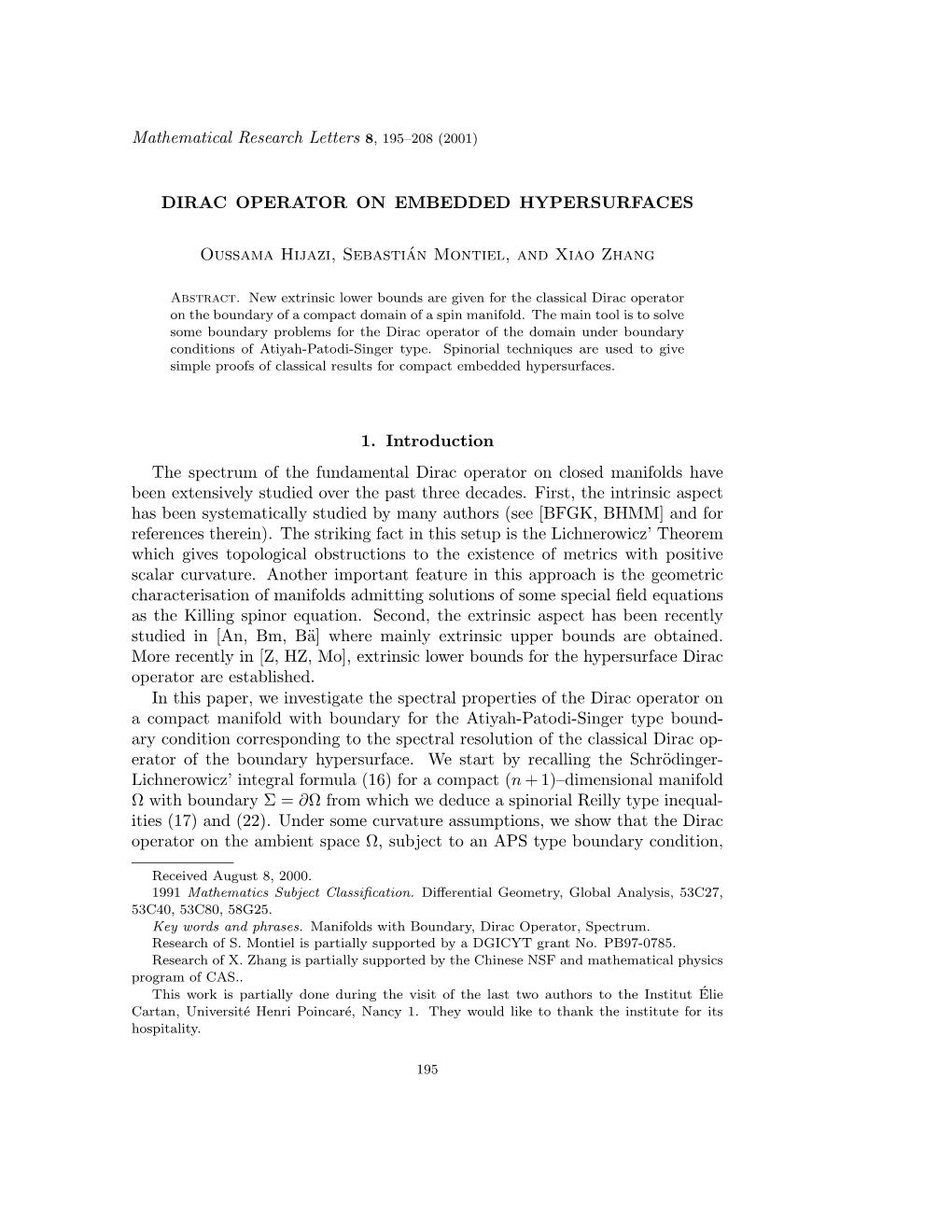 DIRAC OPERATOR on EMBEDDED HYPERSURFACES Oussama