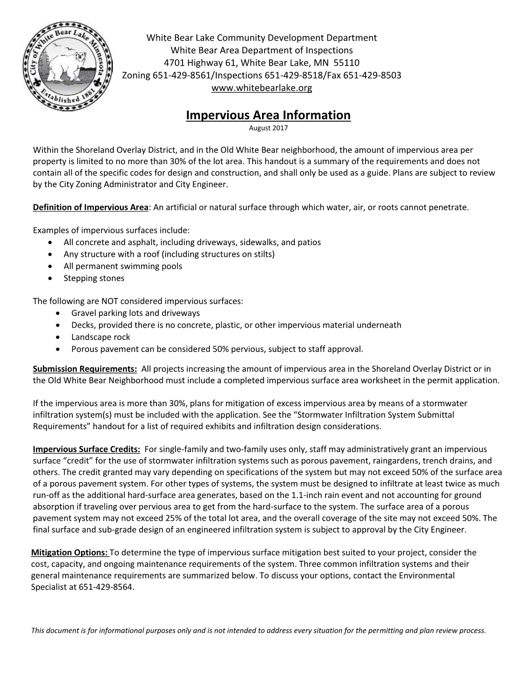 Impervious Area Information August 2017