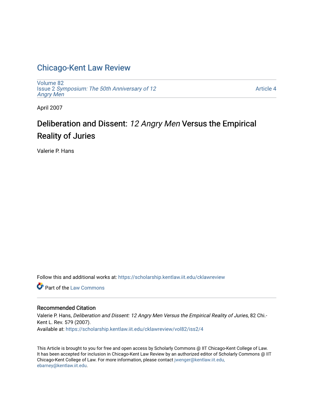 Deliberation and Dissent: <Em>12 Angry Men</Em> Versus The