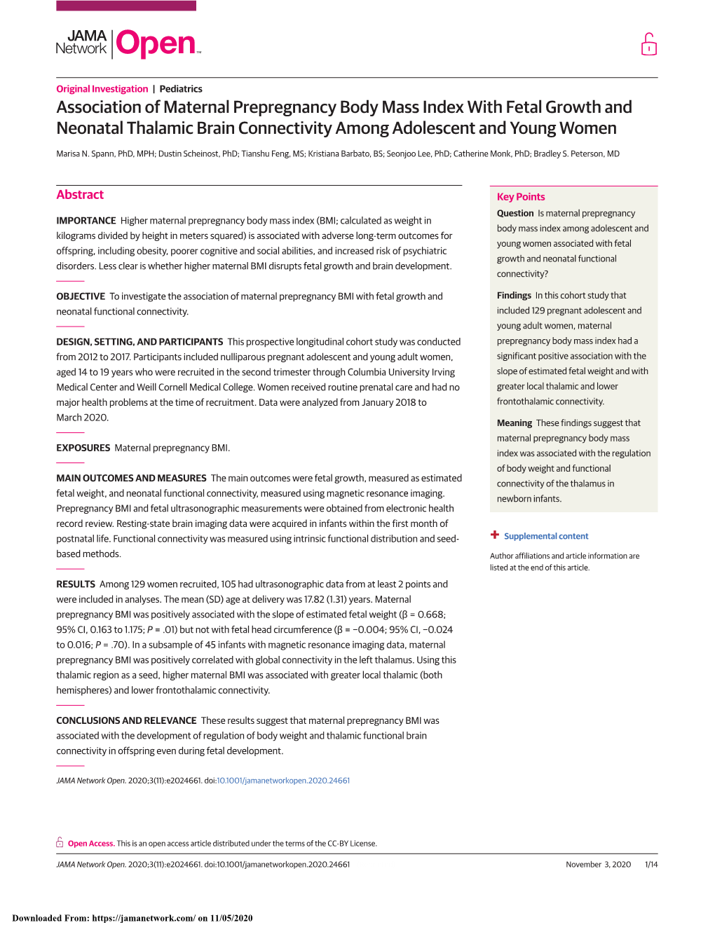 Association of Maternal Prepregnancy Body Mass Index with Fetal Growth and Neonatal Thalamic Brain Connectivity Among Adolescent and Young Women