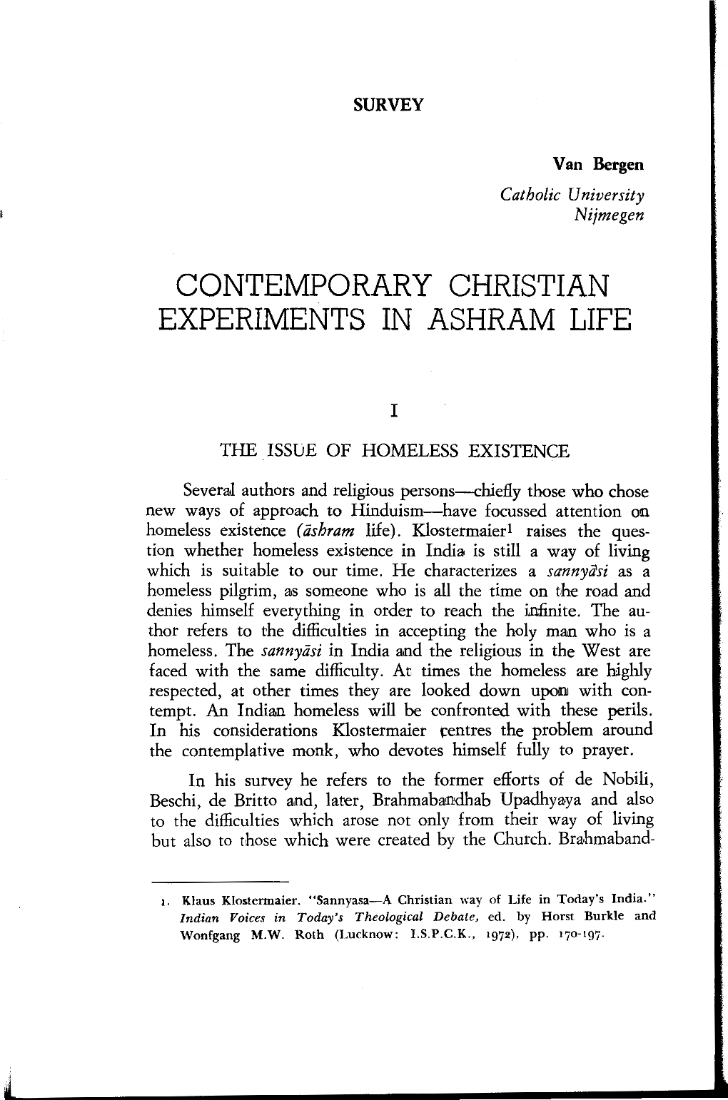 Contemporary Christian Experiments in Ashram Life