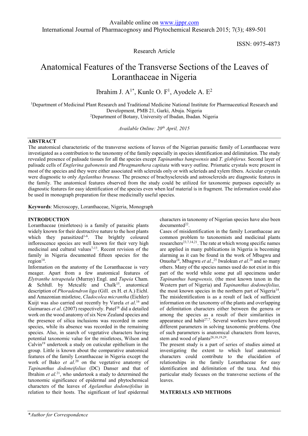 Anatomical Features of the Transverse Sections of the Leaves of Loranthaceae in Nigeria