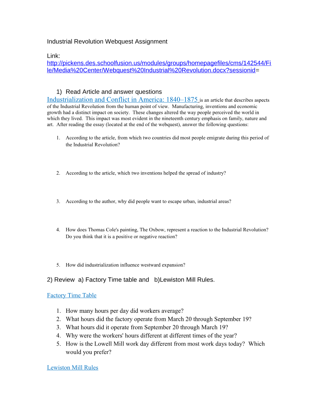 Industrial Revolution Webquest Assignment