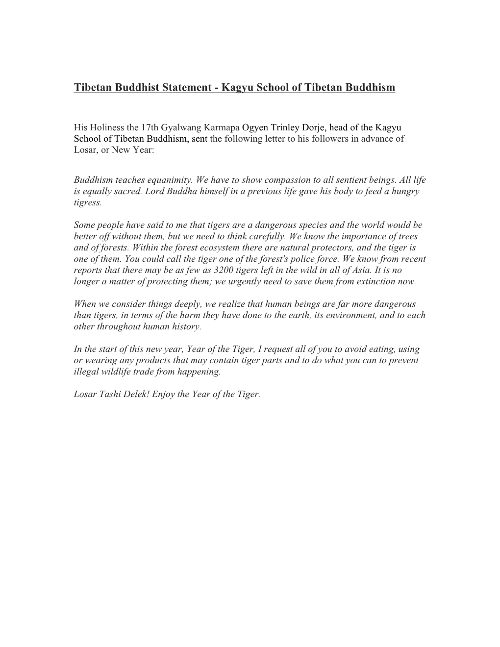 Tibetan Buddhist Statement - Kagyu School of Tibetan Buddhism