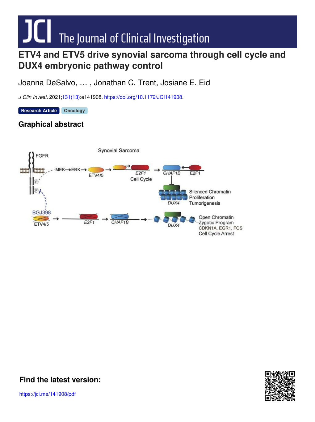 ETV4 and ETV5 Drive Synovial Sarcoma Through Cell Cycle and DUX4 Embryonic Pathway Control