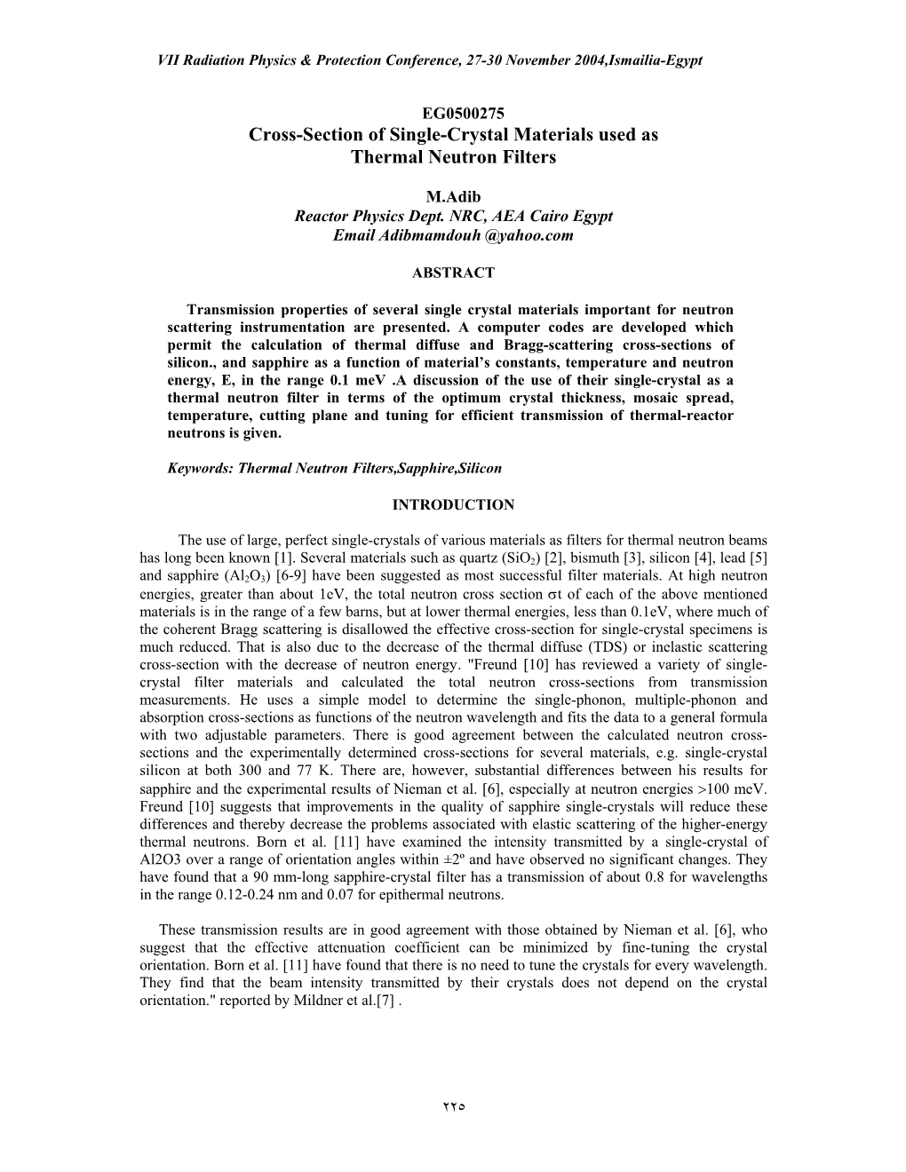 Cross-Section of Single-Crystal Materials Used As Thermal Neutron Filters