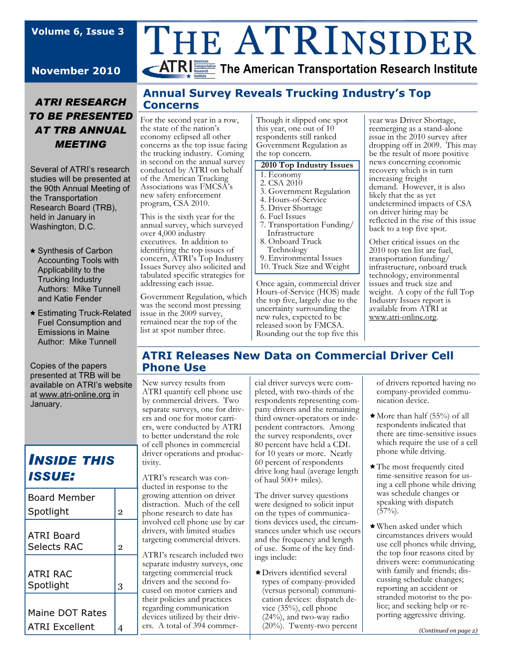 THE ATRINSIDER November 2010 the American Transportation Research Institute