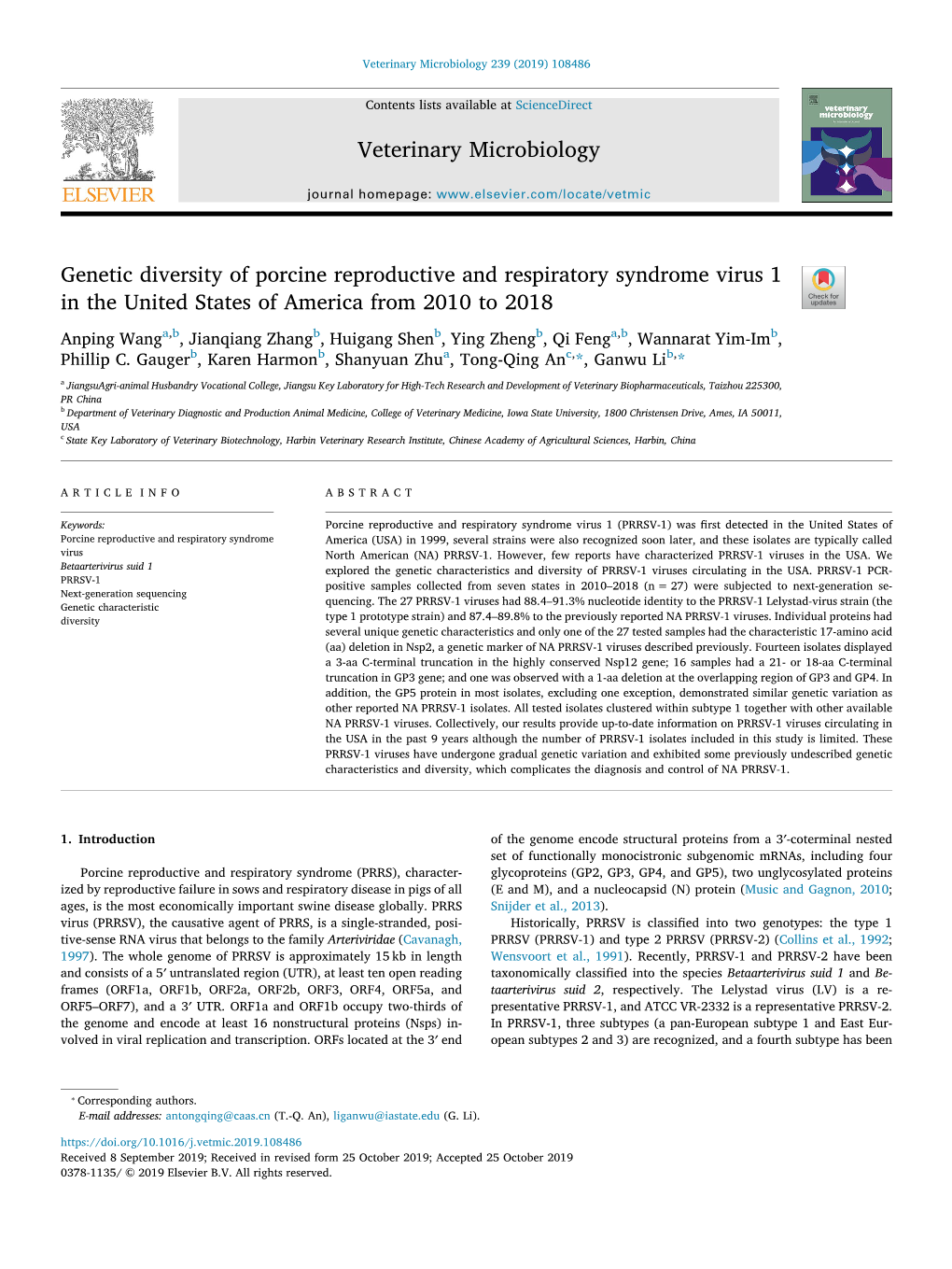 Genetic Diversity of Porcine Reproductive and Respiratory