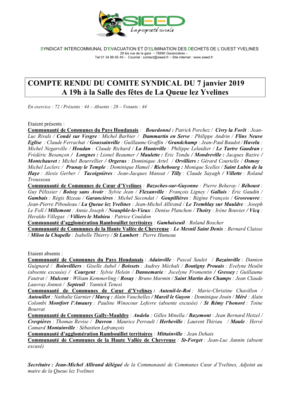 COMPTE RENDU DU COMITE SYNDICAL DU 7 Janvier 2019 a 19H À La Salle Des Fêtes De La Queue Lez Yvelines