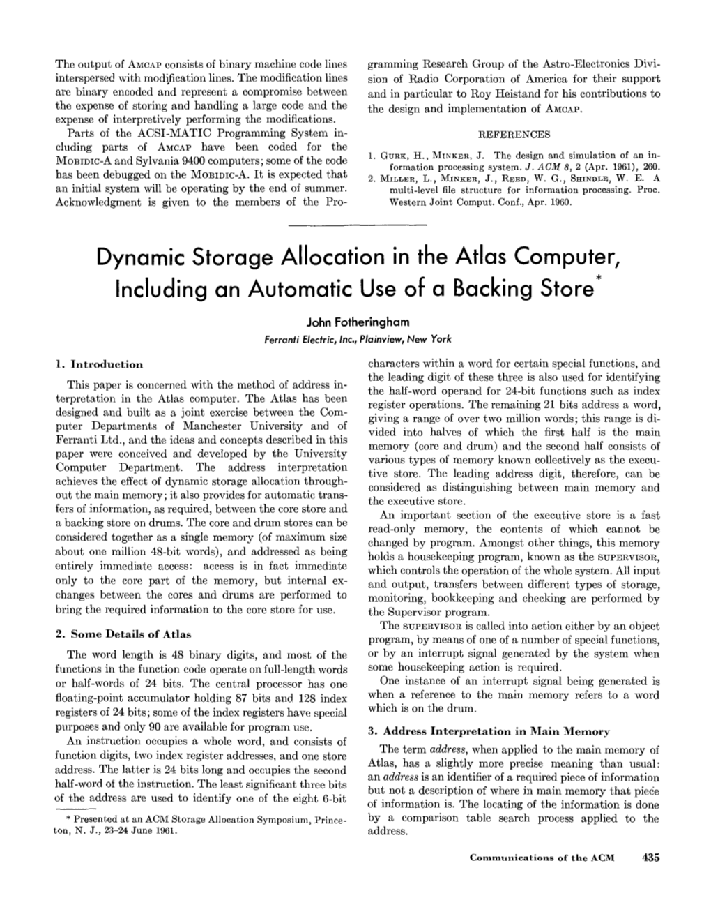 Dynamic Storage Allocation in the Atlas Computer, Including an Automatic Use of a Backing Store