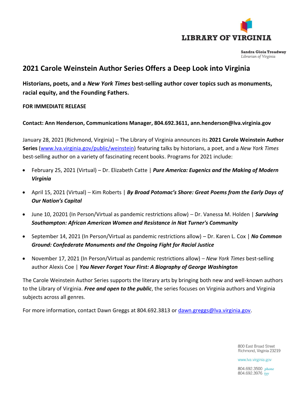 2021 Carole Weinstein Author Series Offers a Deep Look Into Virginia