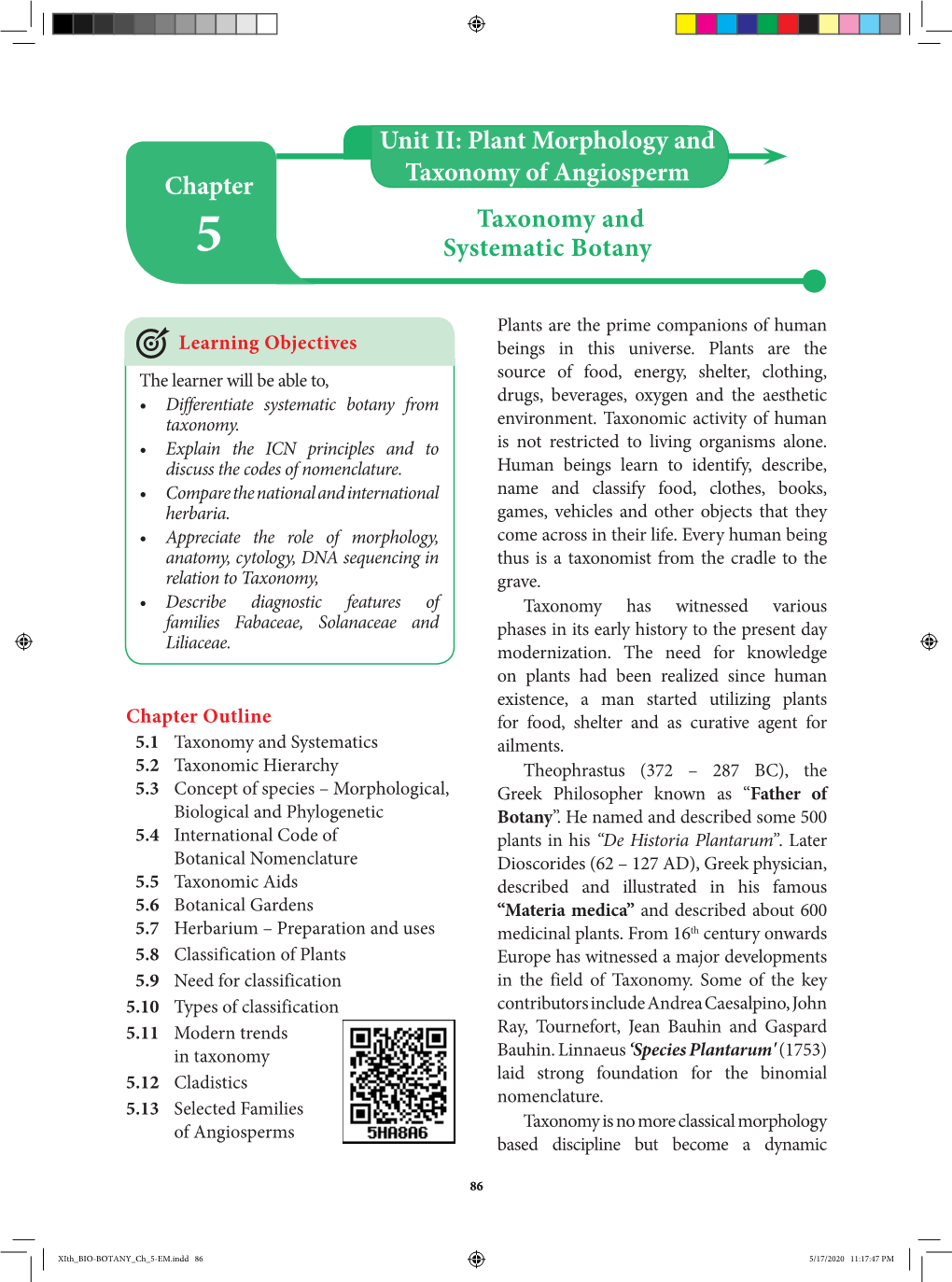 Plant Morphology and Taxonomy of Angiosperm Chapter Taxonomy and 5 Systematic Botany