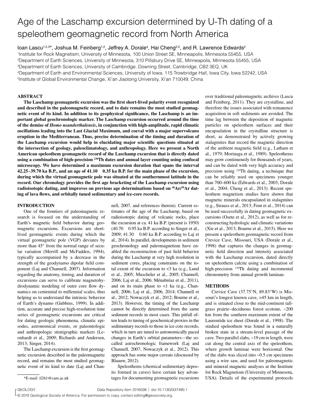 Age of the Laschamp Excursion Determined by U-Th Dating of a Speleothem Geomagnetic Record from North America