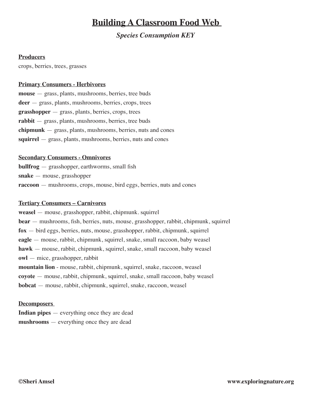 Building a Classroom Food Web Species Consumption KEY