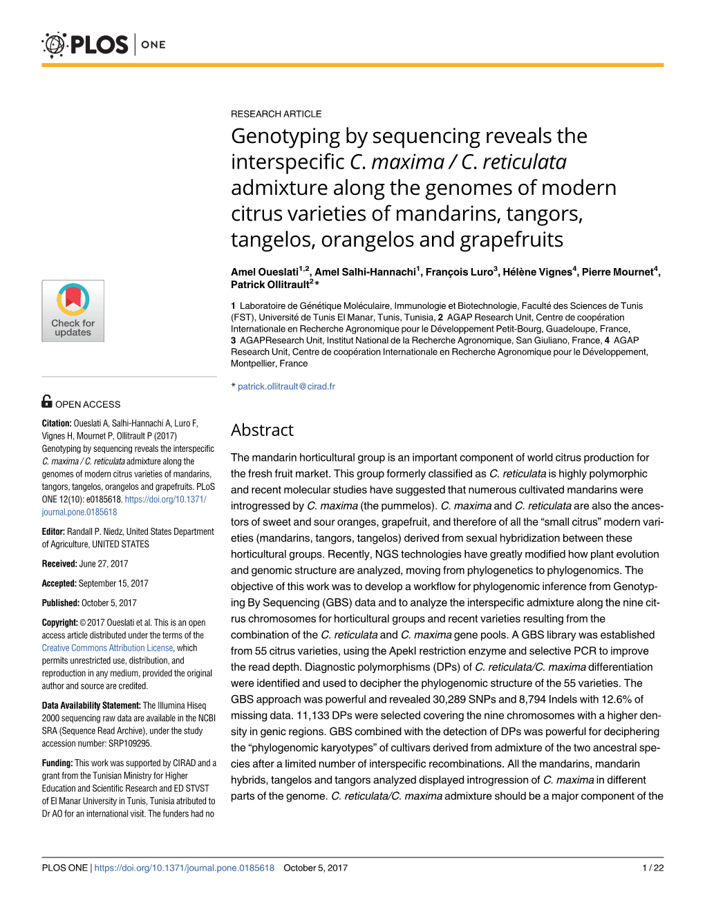 Genotyping by Sequencing Reveals the Interspecific C. Maxima / C. Reticulata Admixture Along the Genomes of Modern Citrus Variet