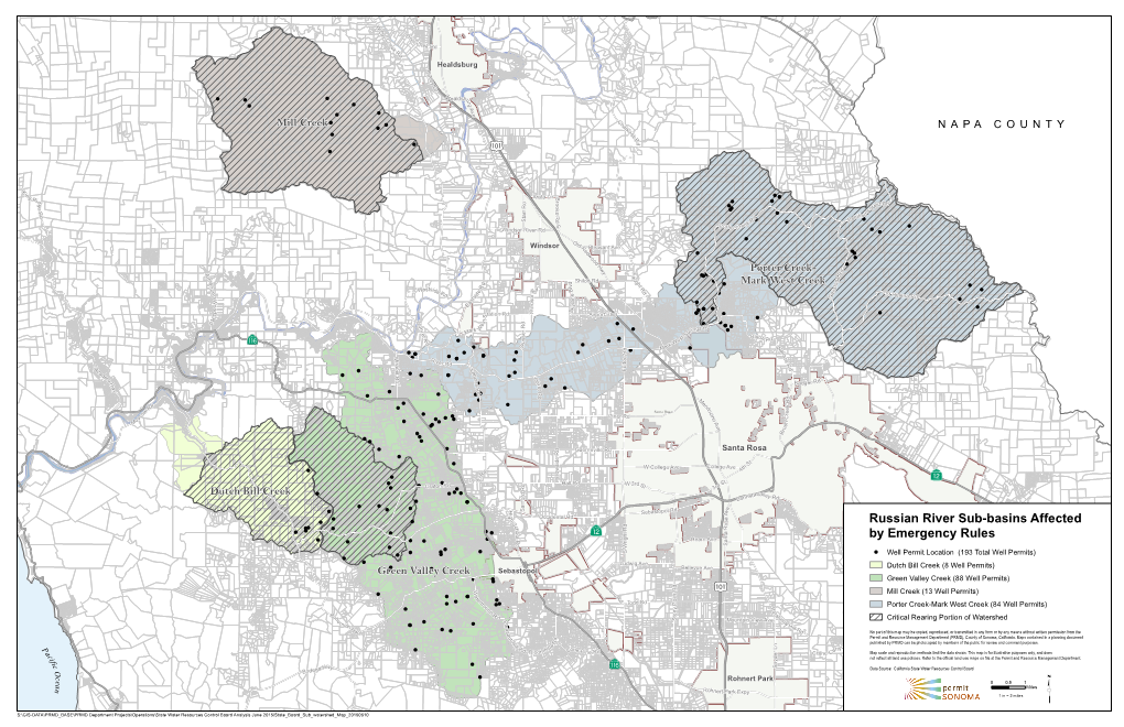 Russian River Sub-Basins Affected by Emergency Rules, Sonoma County, California