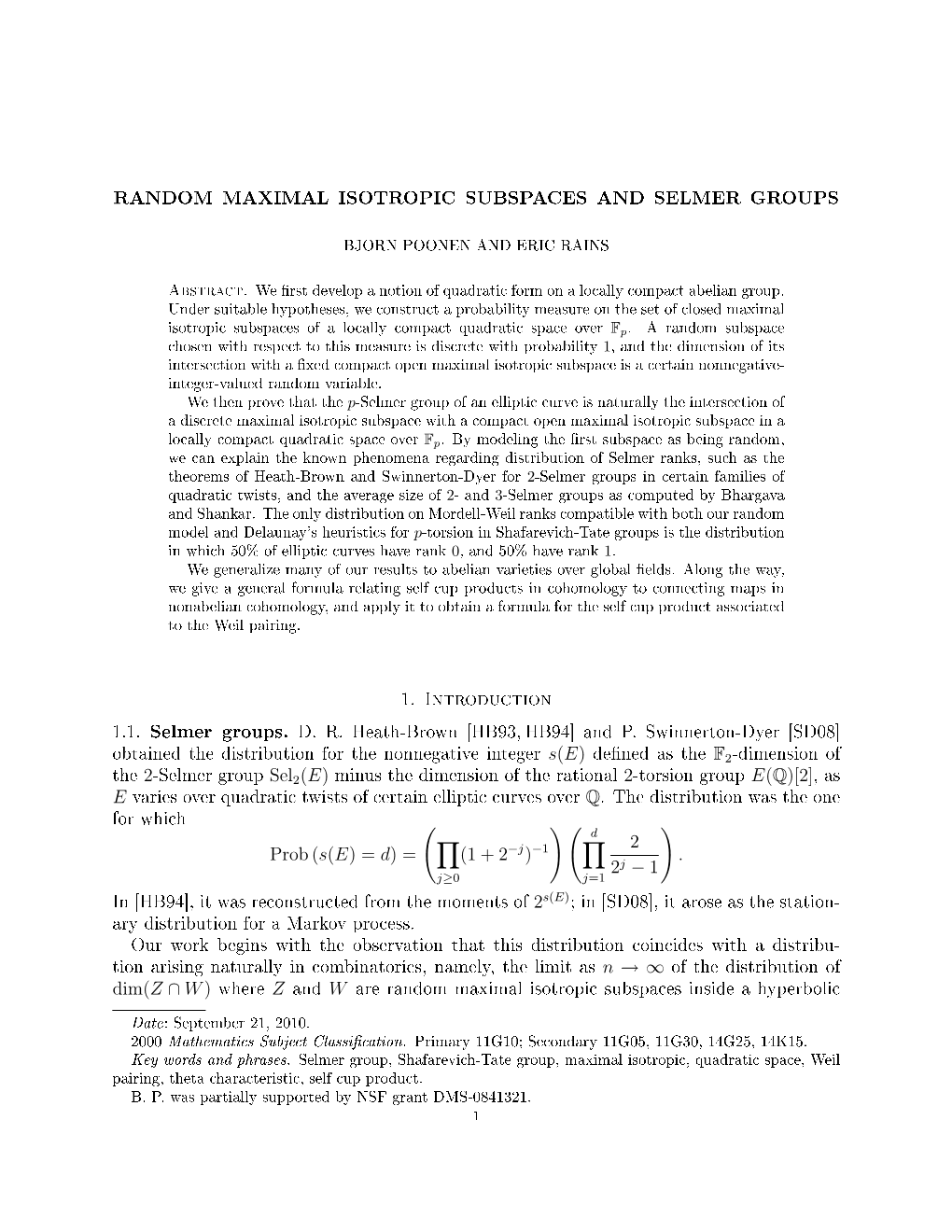 Random Maximal Isotropic Subspaces and Selmer Groups