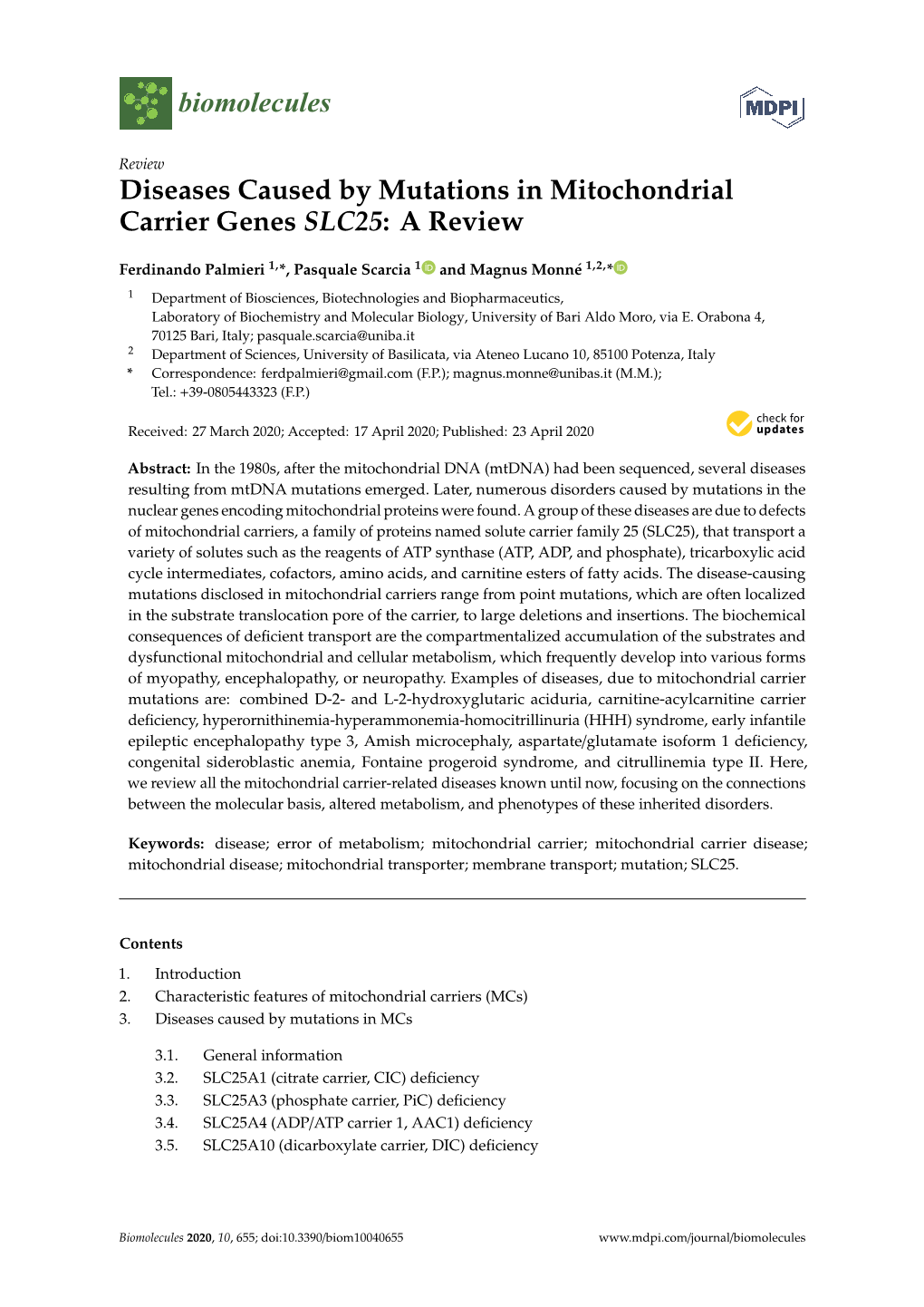 Diseases Caused by Mutations in Mitochondrial Carrier Genes SLC25: a Review