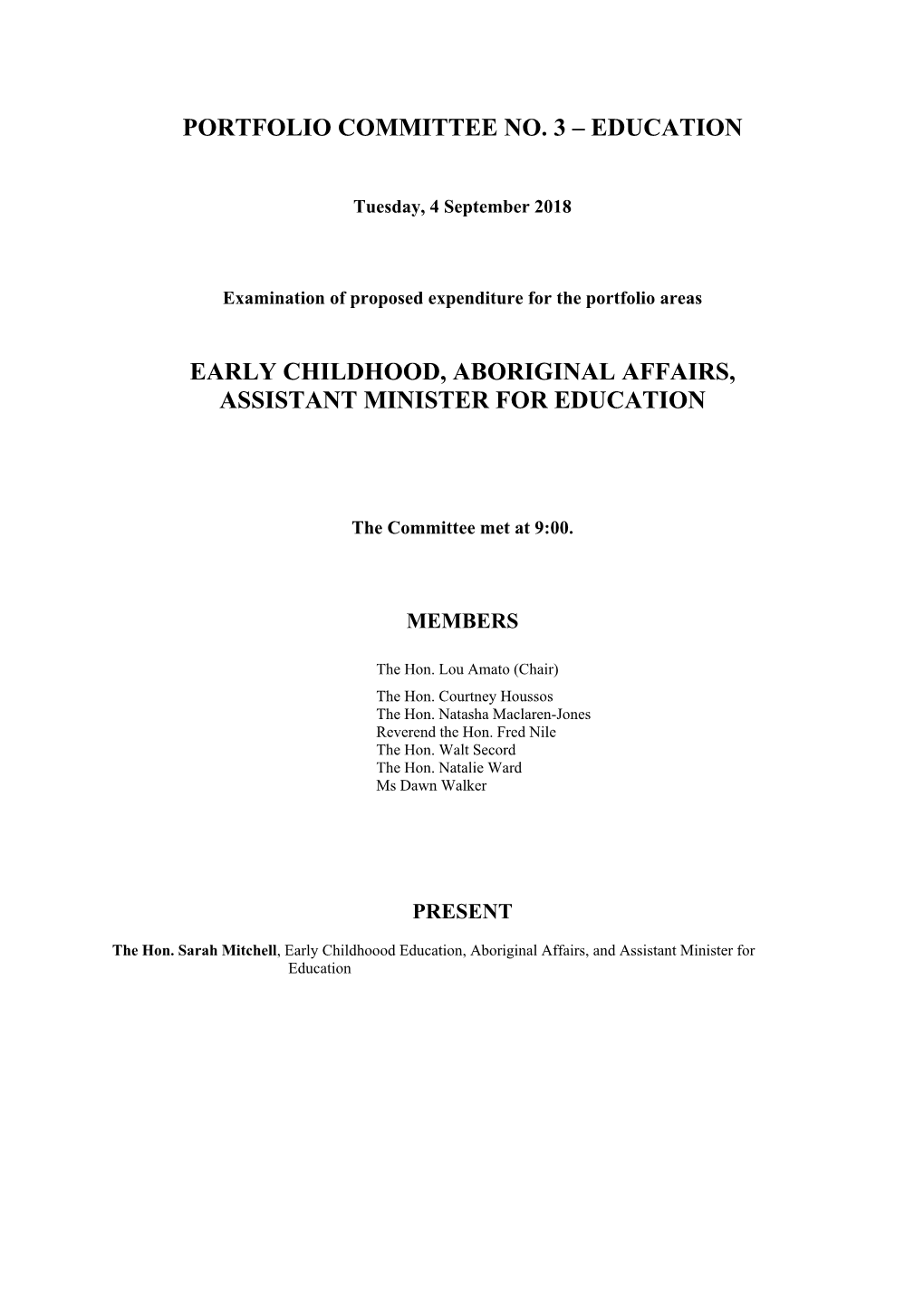 Early Childhood, Aboriginal Affairs, Assistant Minister for Education
