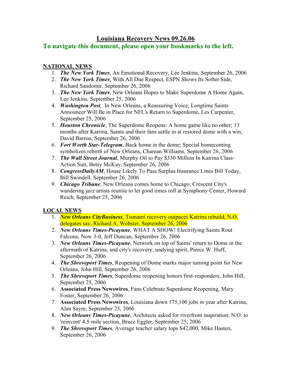 Louisiana Recovery News 09.26.06 to Navigate This Document, Please Open Your Bookmarks to the Left