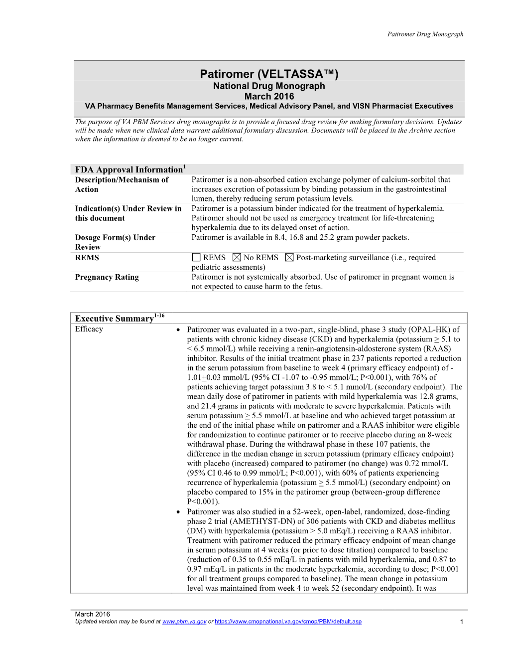 Patiromer (VELTASSA) Drug Monograph