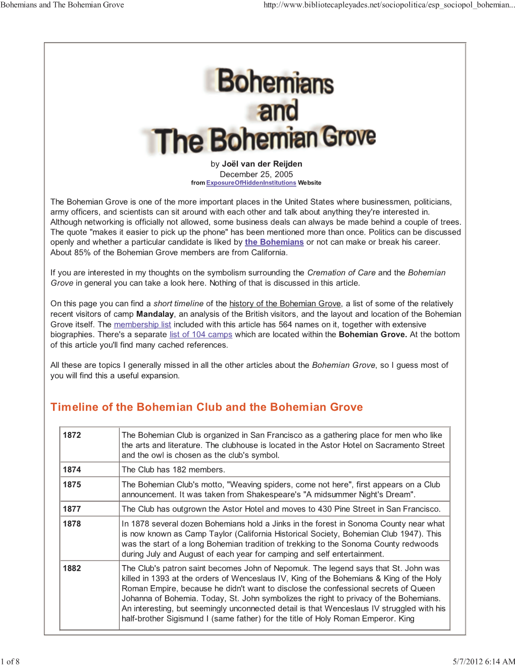 Timeline of the Bohemian Club and the Bohemian Grove