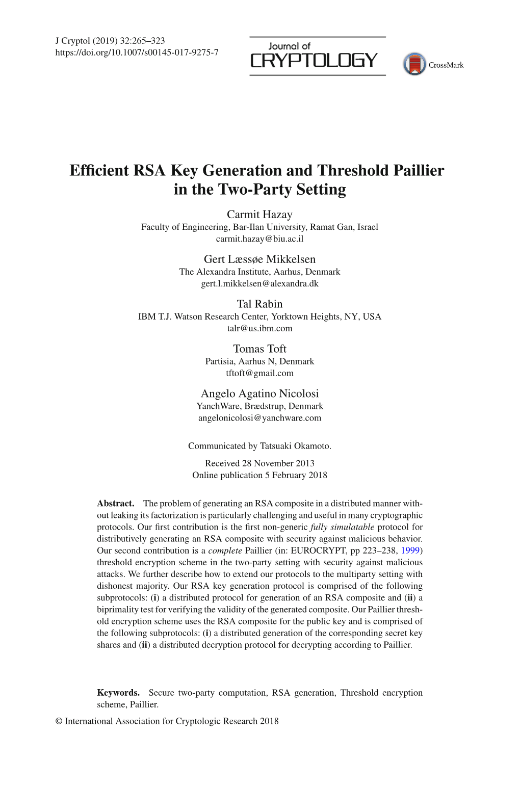 Efficient RSA Key Generation and Threshold Paillier in the Two-Party