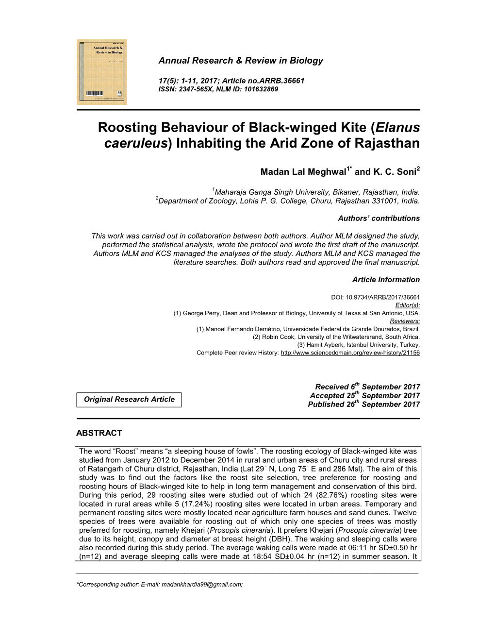 Roosting Behaviour of Black-Winged Kite (Elanus Caeruleus) Inhabiting the Arid Zone of Rajasthan