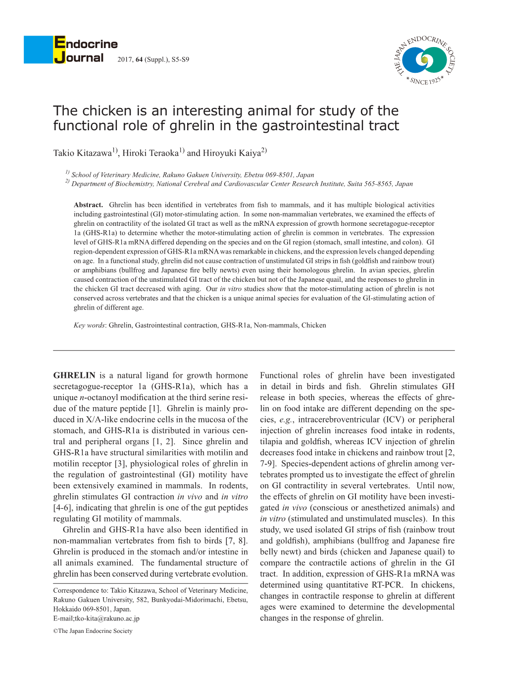 The Chicken Is an Interesting Animal for Study of the Functional Role of Ghrelin in the Gastrointestinal Tract