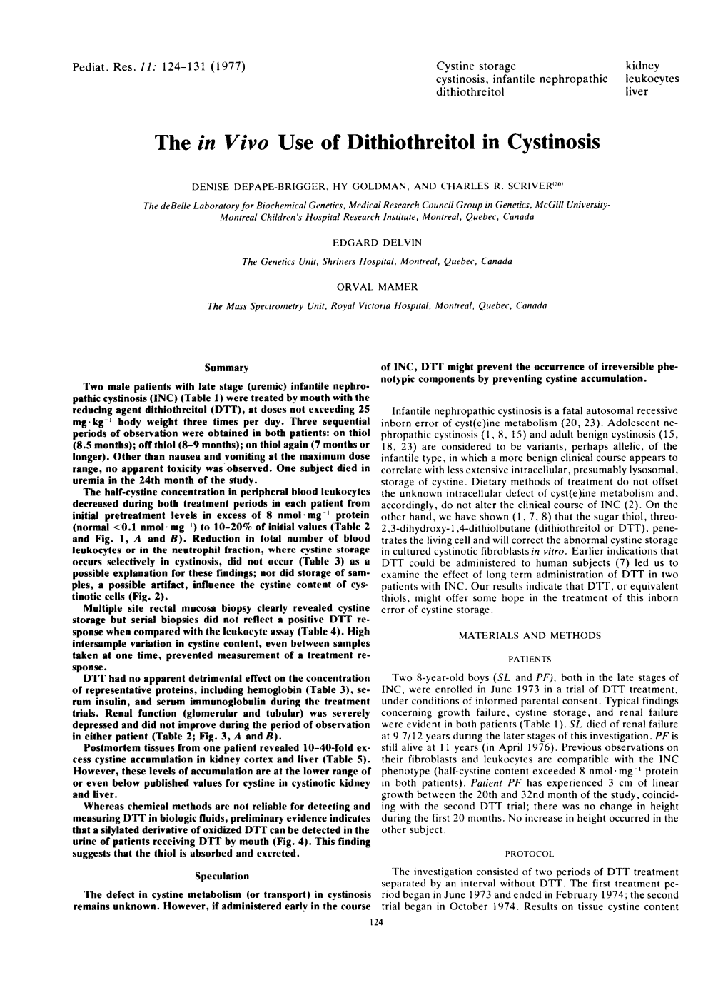 The in Vivo Use of Dithiothreitol in Cystinosis