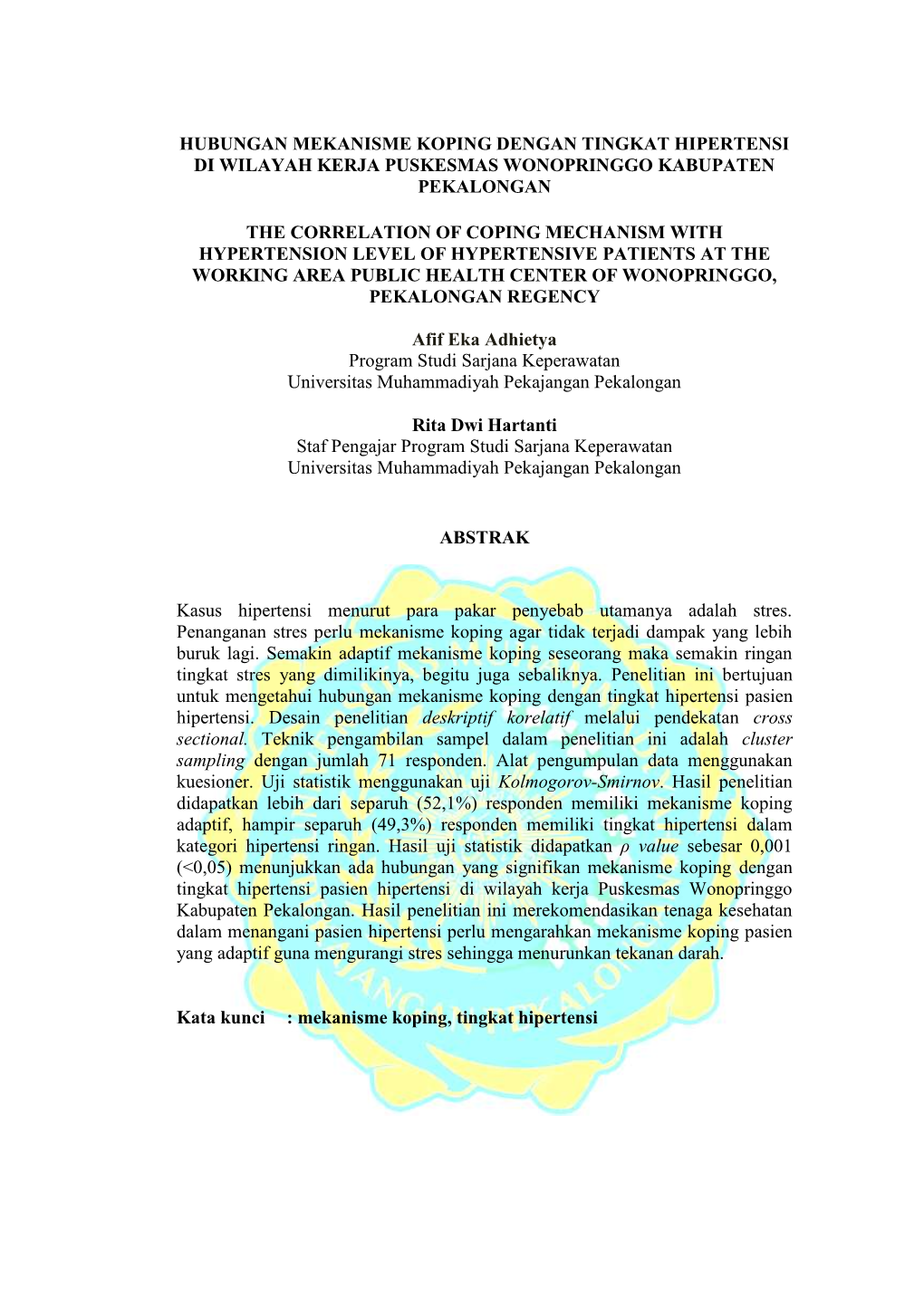 Hubungan Mekanisme Koping Dengan Tingkat Hipertensi Di Wilayah Kerja Puskesmas Wonopringgo Kabupaten