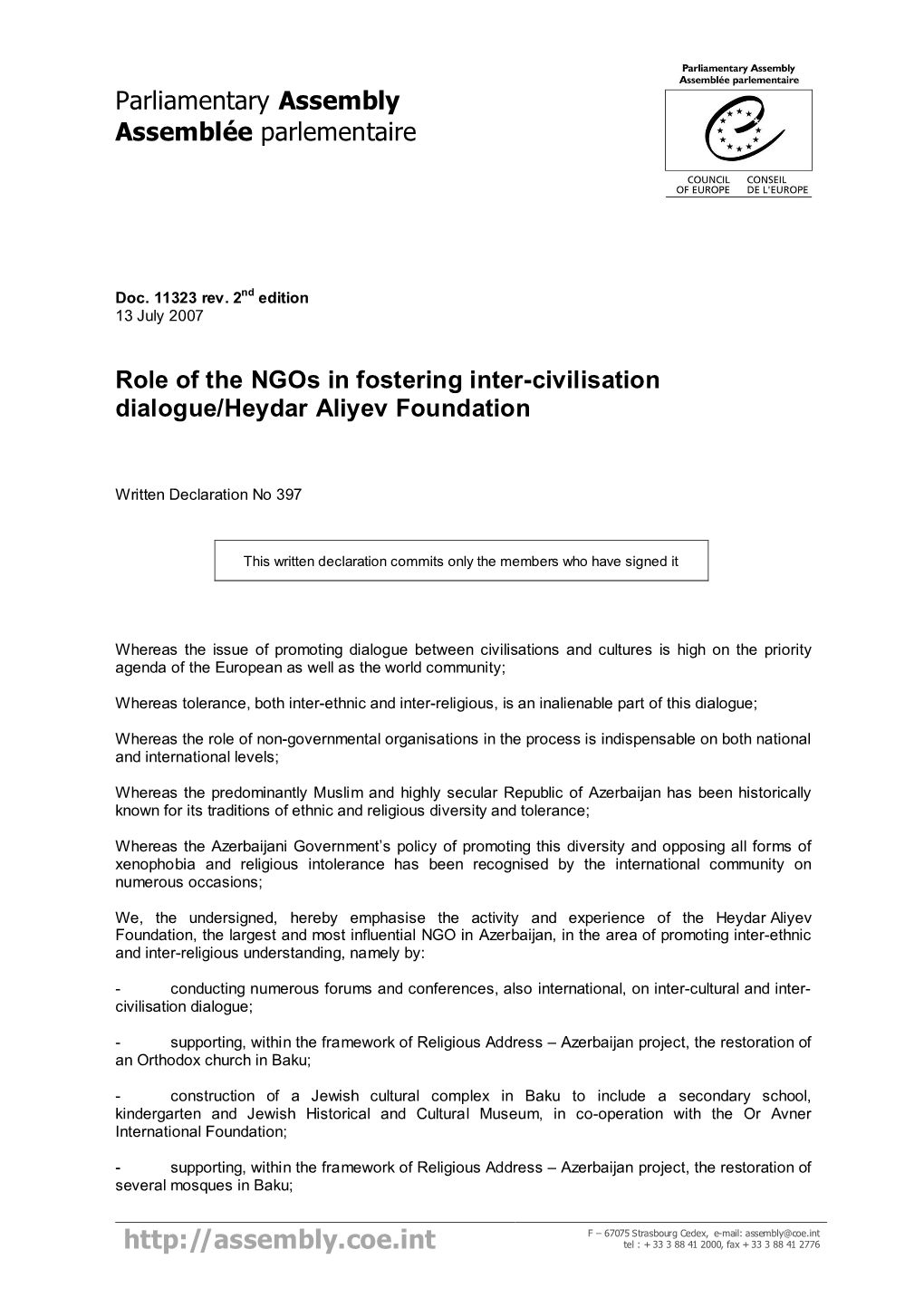 Role of the Ngos in Fostering Inter-Civilisation Dialogue/Heydar Aliyev Foundation