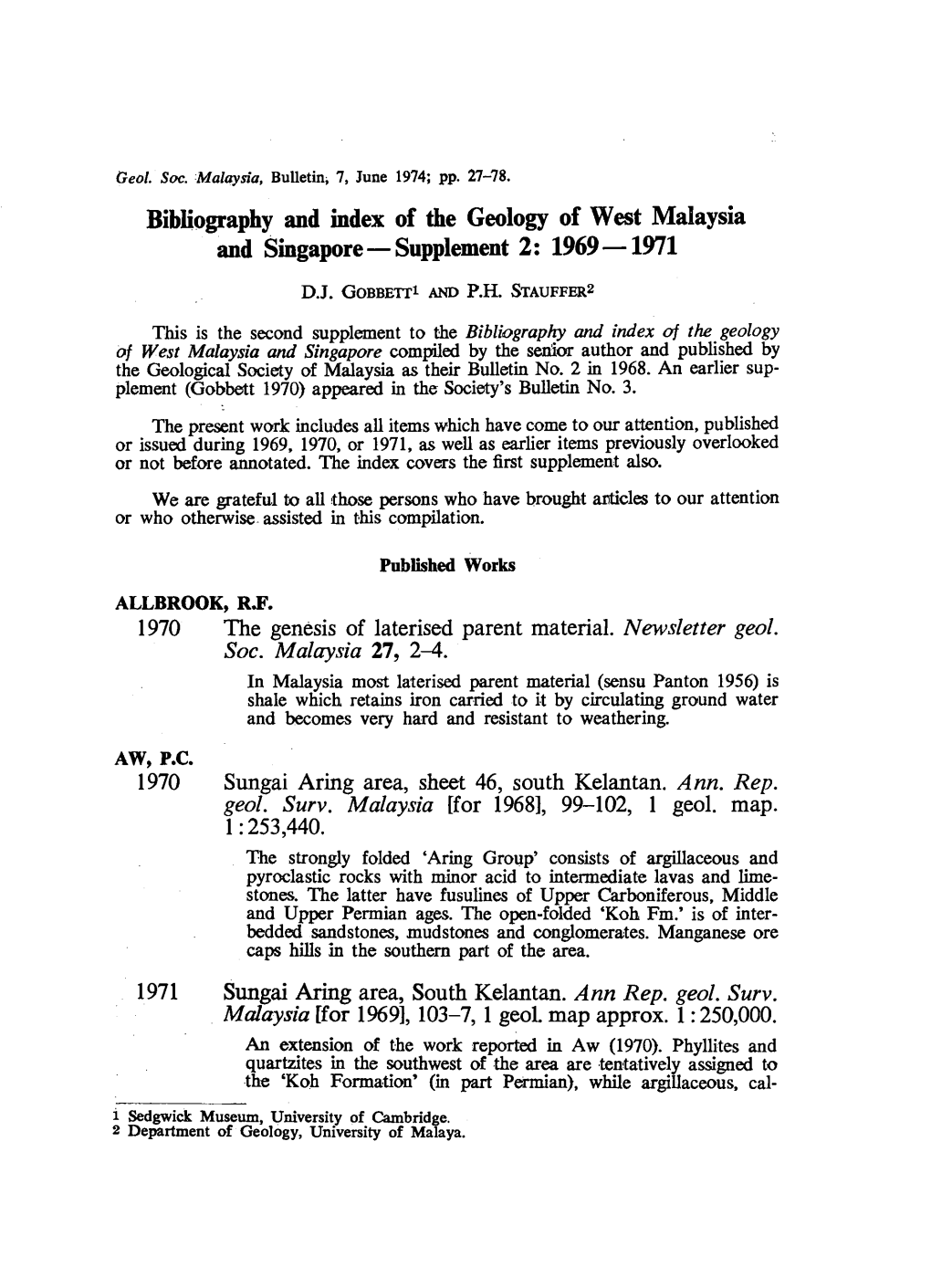 Bibliography and Index of the Geology of West Malaysia and Singapore - Supplement 2: 1969 -1971