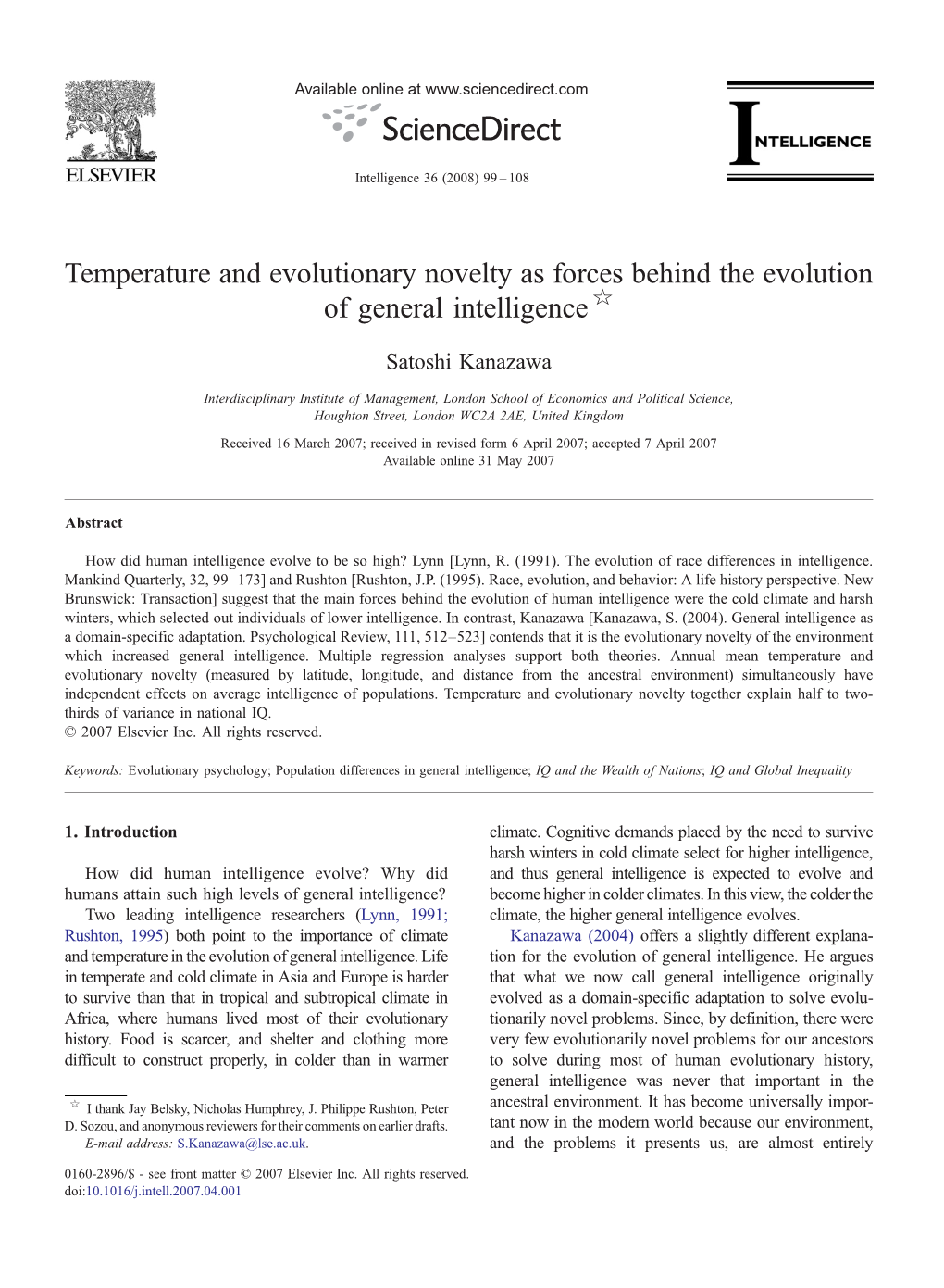 Temperature and Evolutionary Novelty As Forces Behind the Evolution of General Intelligence ☆