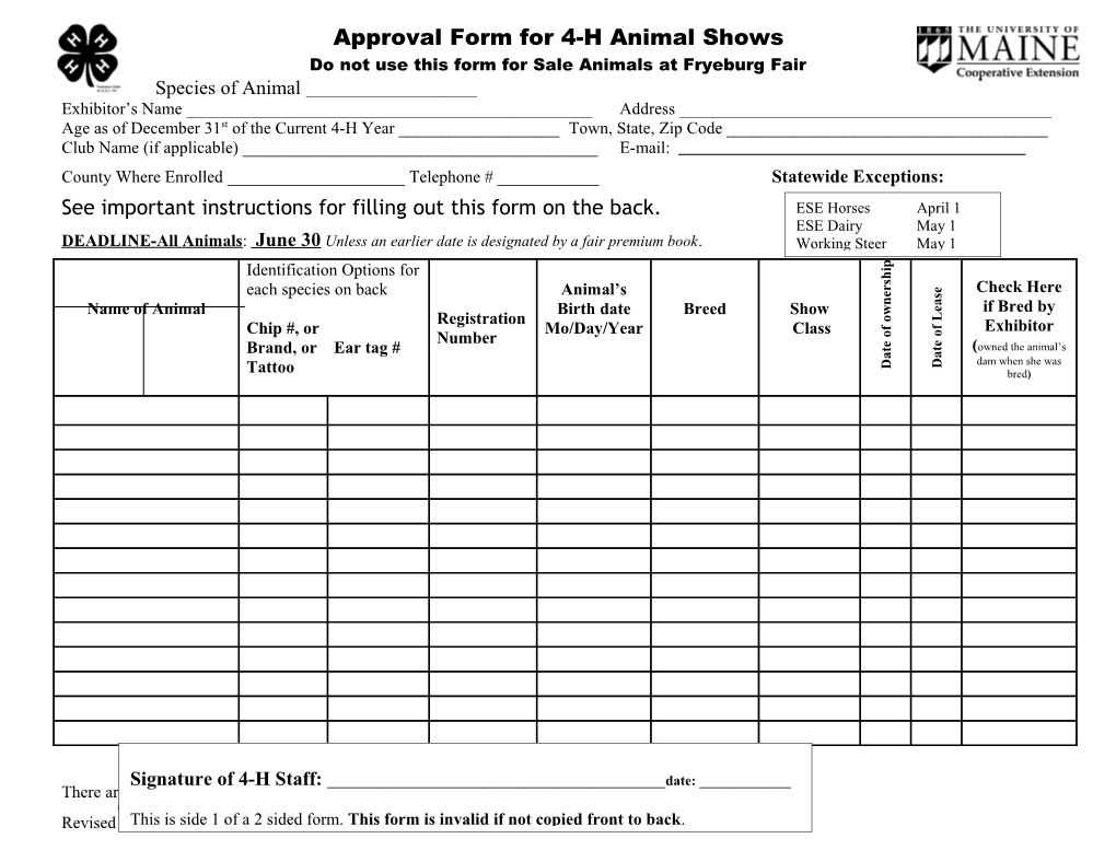 Approval Form for 4-H Animal Shows