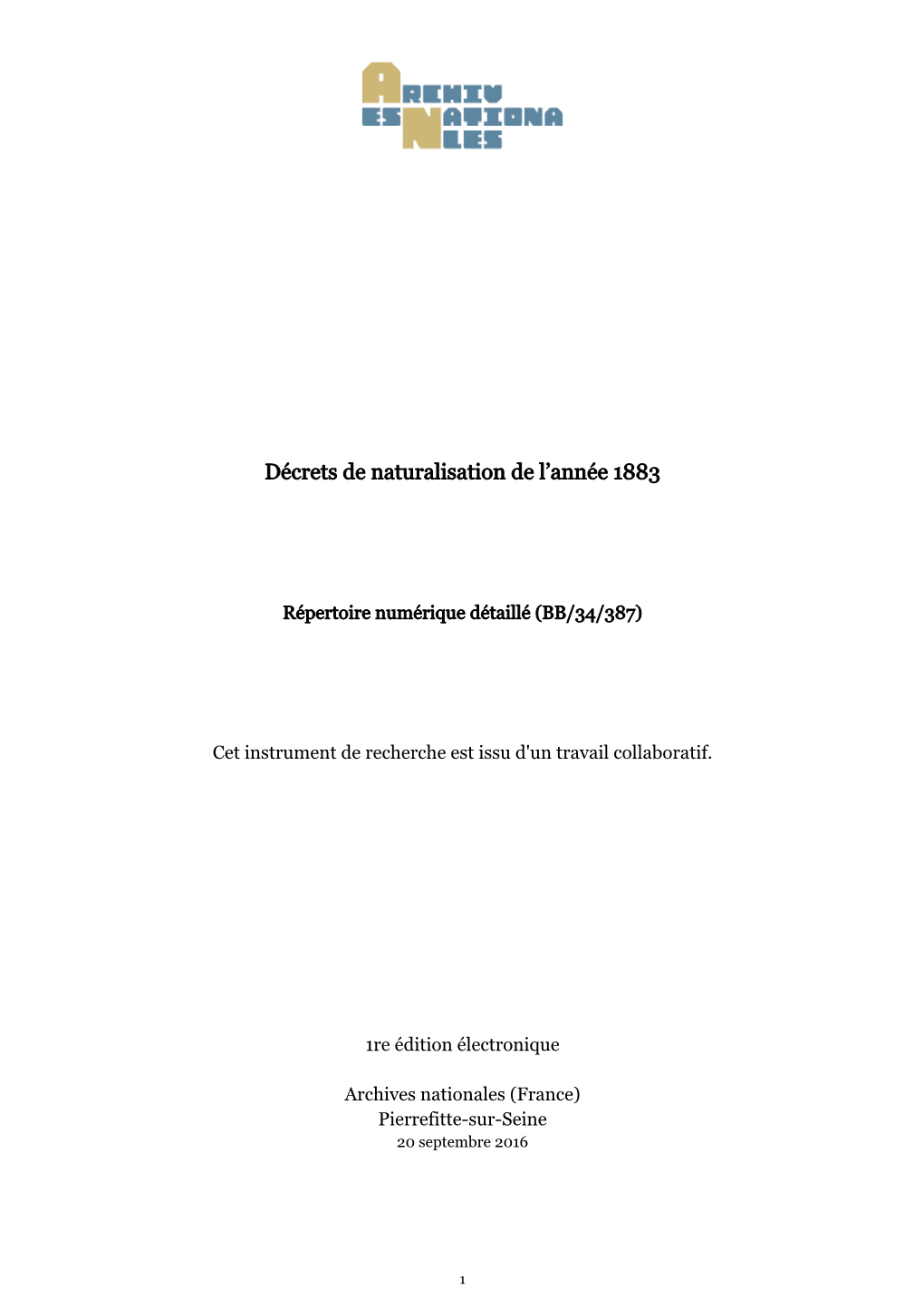 Décrets De Naturalisation De L'année 1883