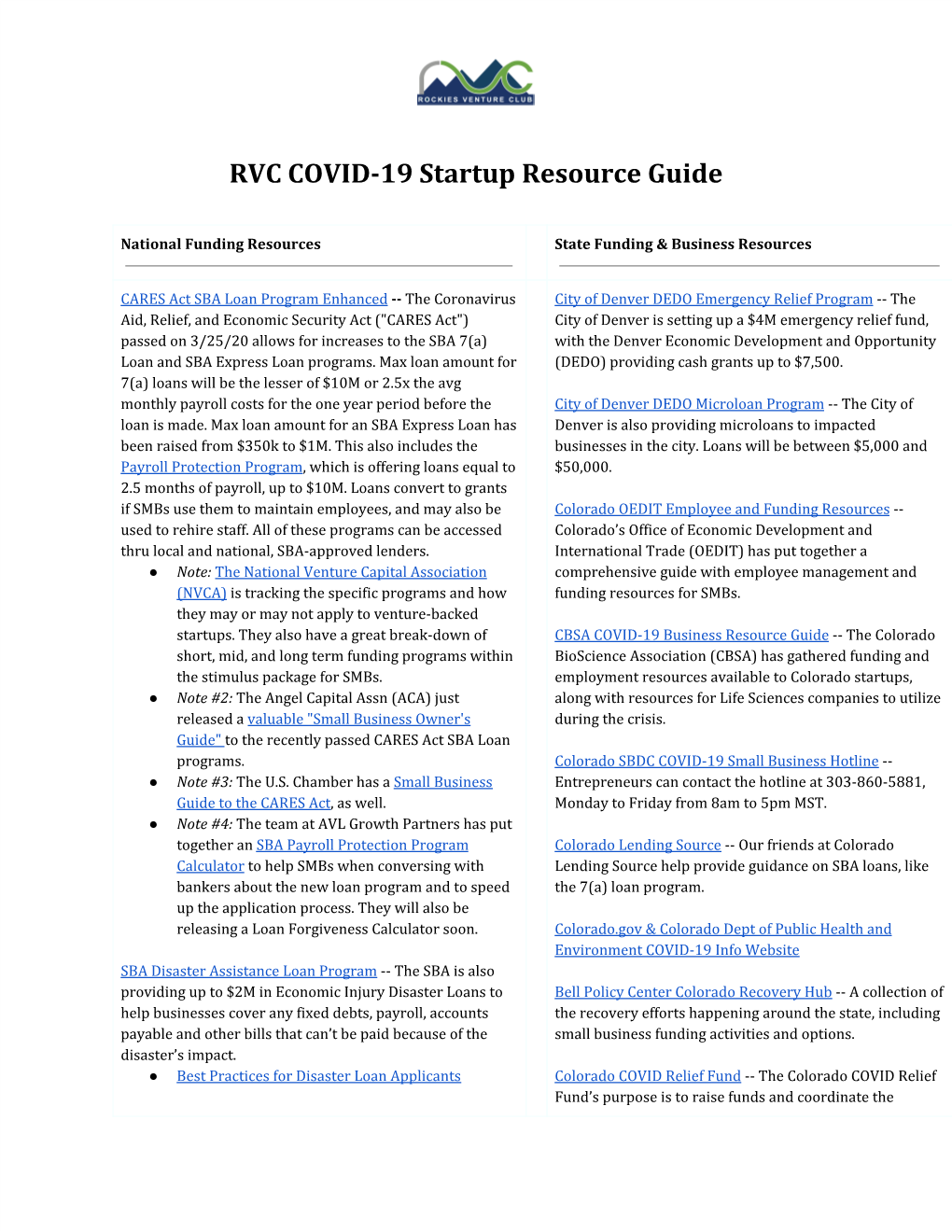 RVC COVID-19 Startup Resource Guide