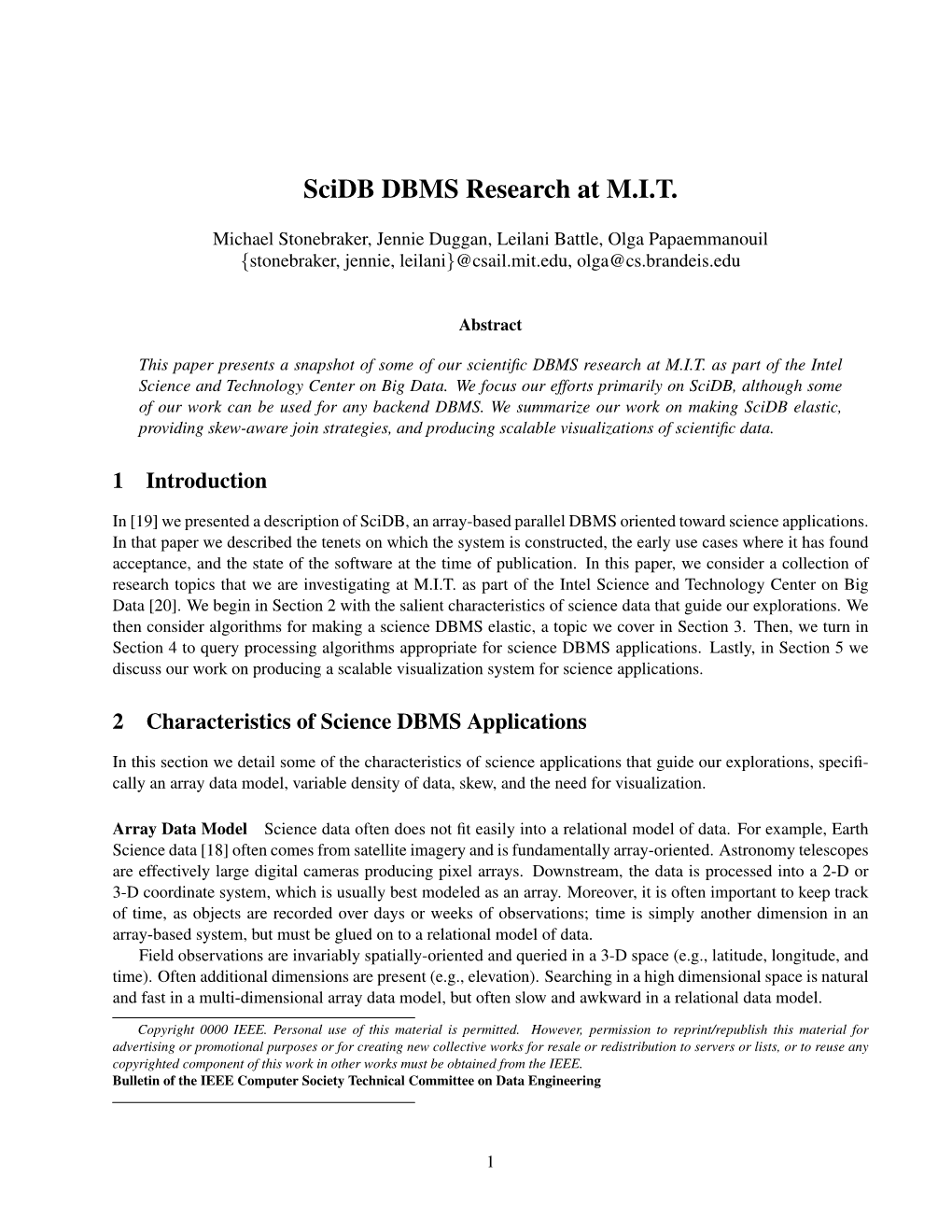 Scidb DBMS Research at M.I.T