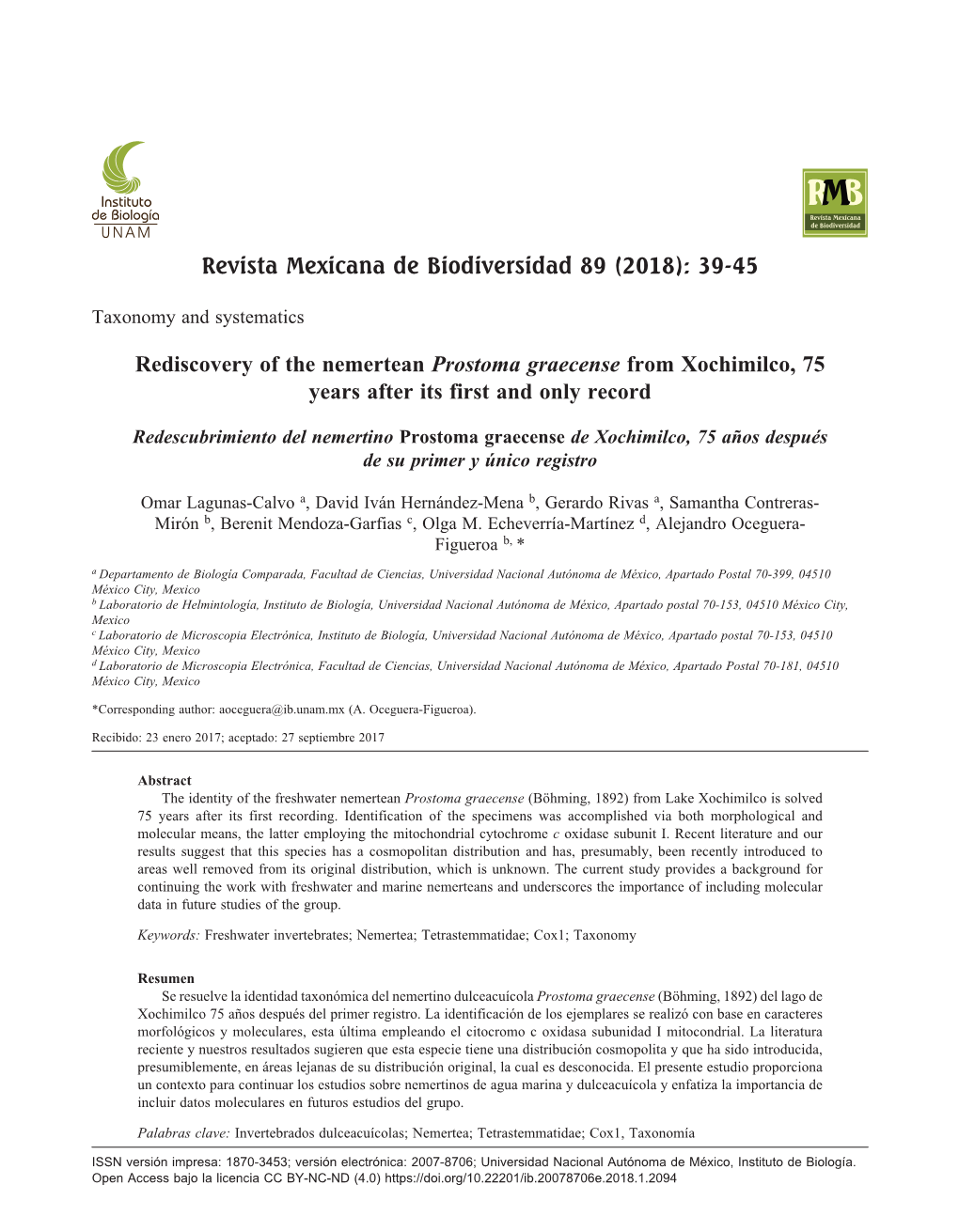 (2018): 39-45 Rediscovery of the Nemertean Prostoma Graecense