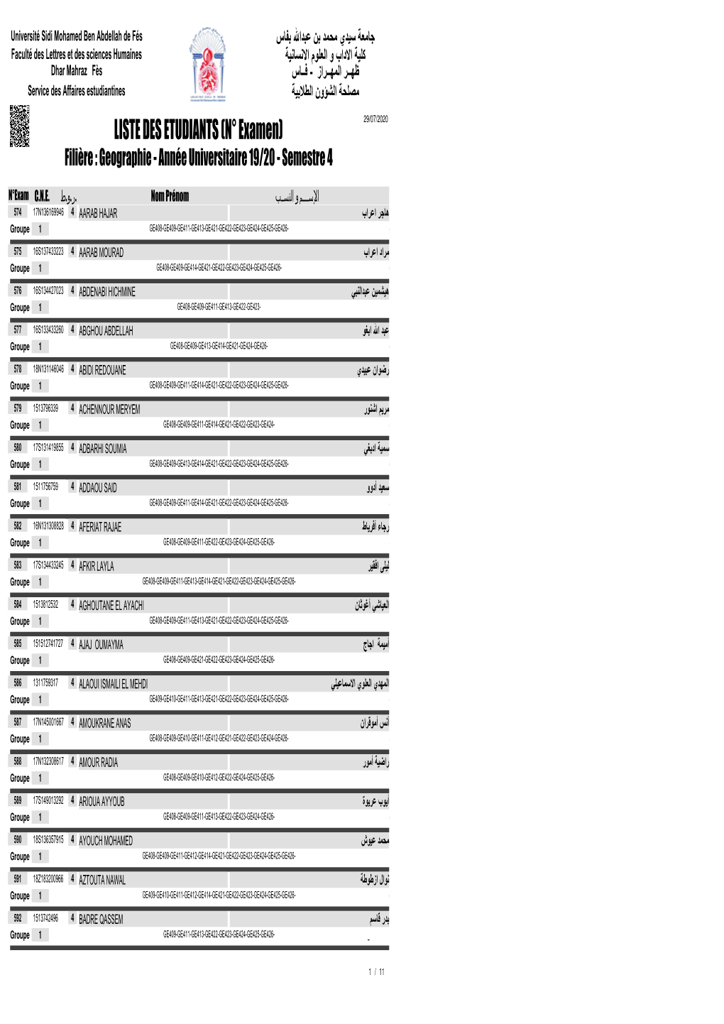 Filière : Geographie - Année Universitaire 19/20 - Semestre 4