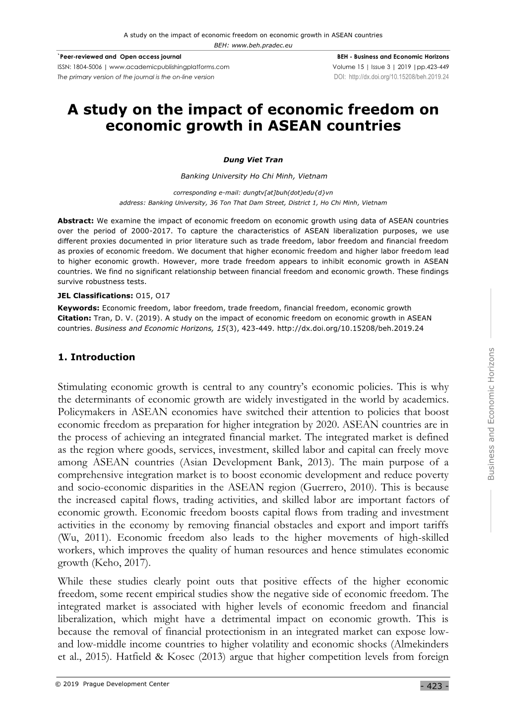 A Study on the Impact of Economic Freedom on Economic Growth In