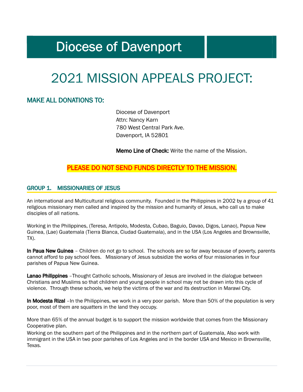 Diocese of Davenport 2021 MISSION APPEALS PROJECT