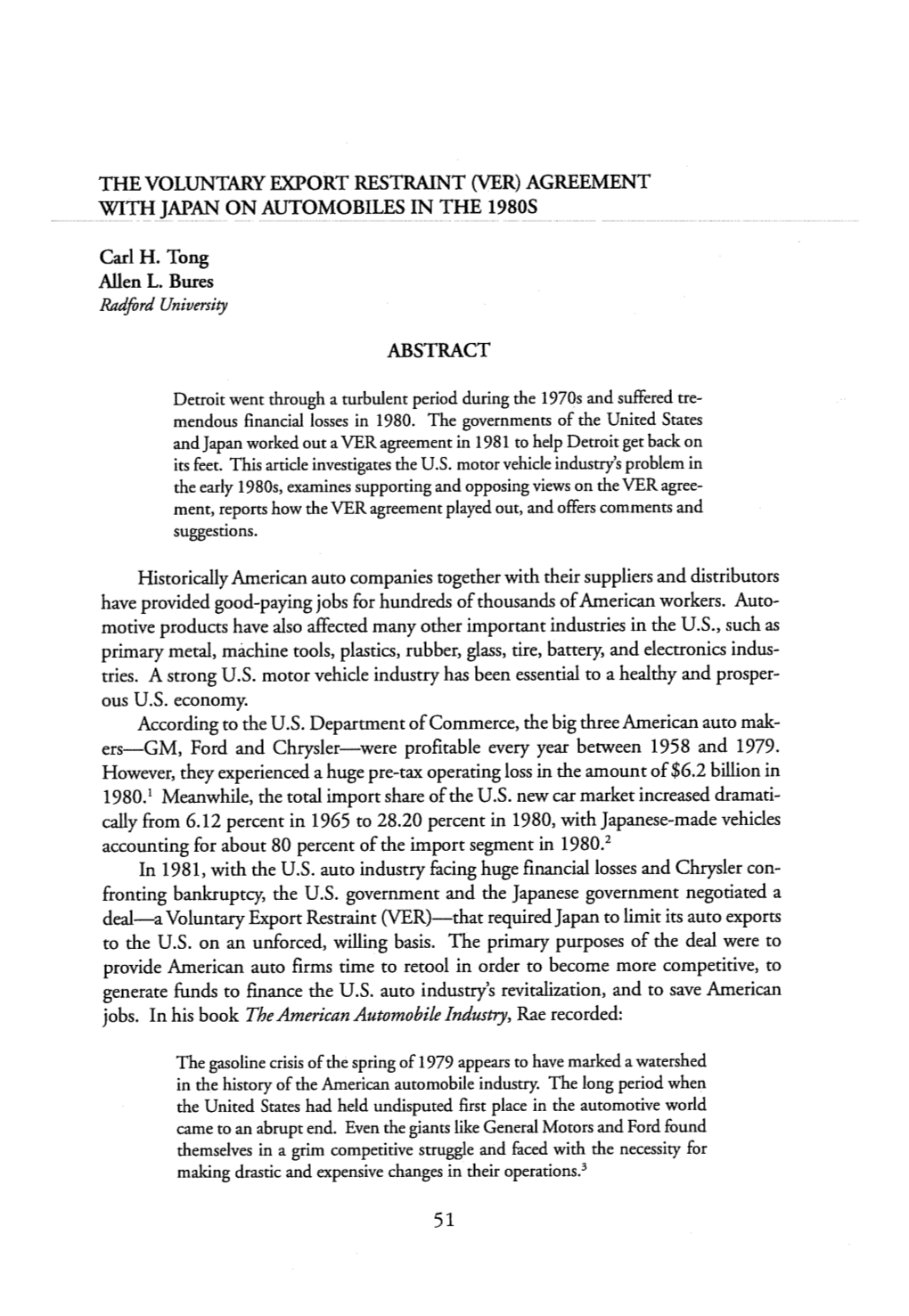 The Voluntary Export Restraint (Ver) Agreement with Japan on Automobiles in the 1980S