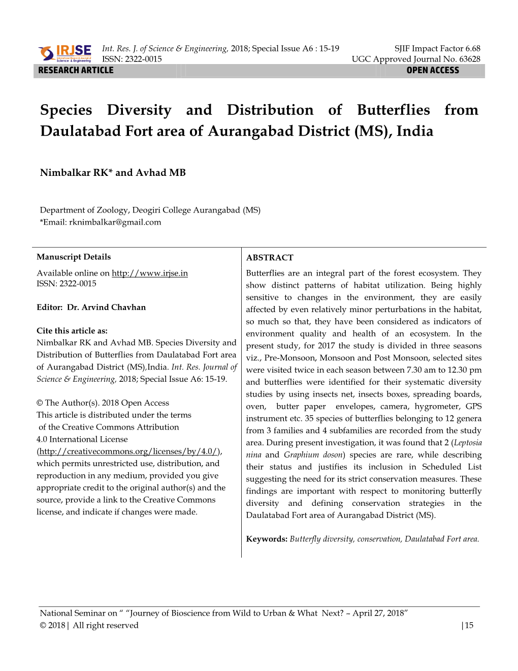 Species Diversity and Distribution of Butterflies from Daulatabad Fort Area of Aurangabad District (MS), India