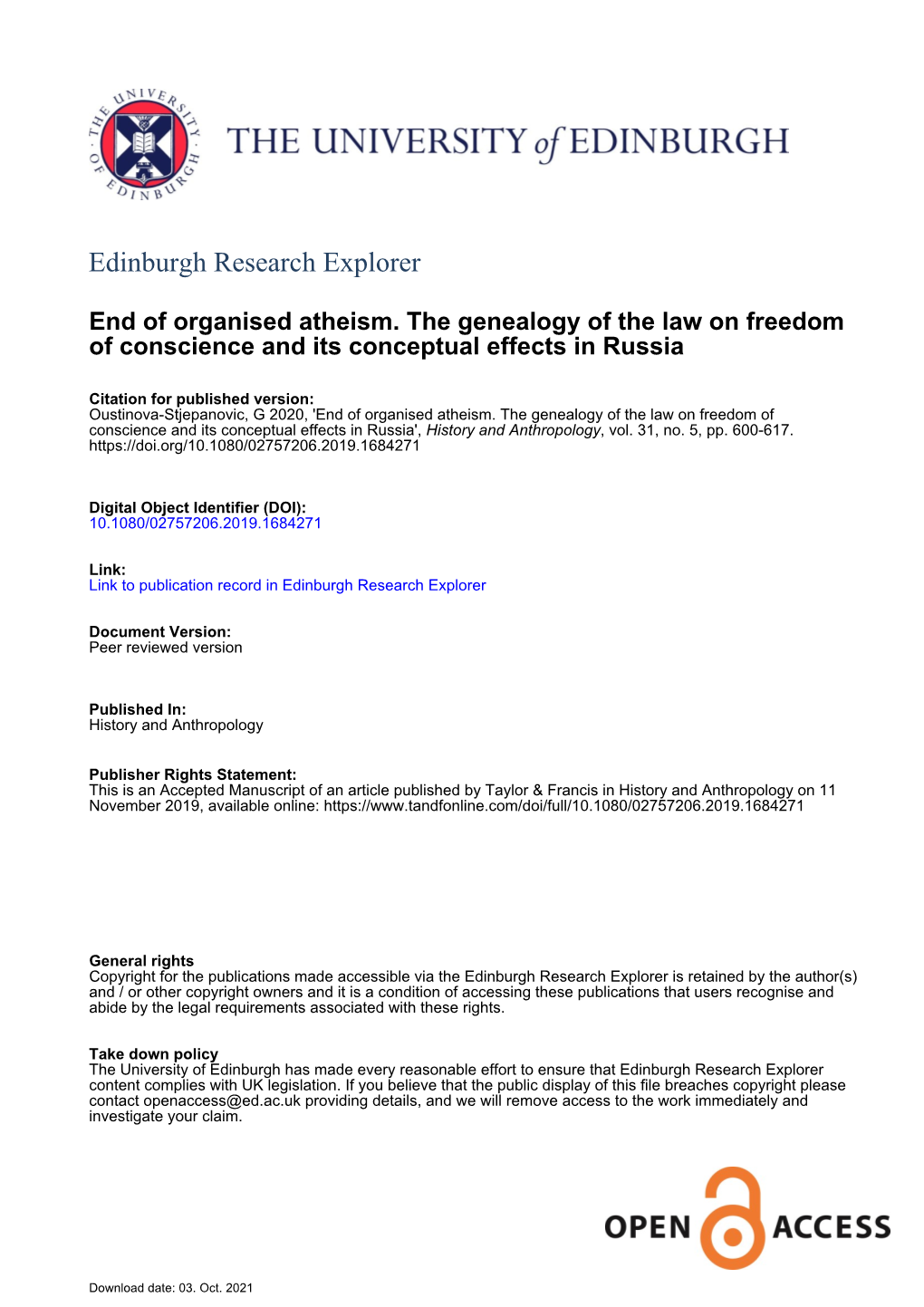 End of Organised Atheism. the Genealogy of the Law on Freedom of Conscience and Its Conceptual Effects in Russia