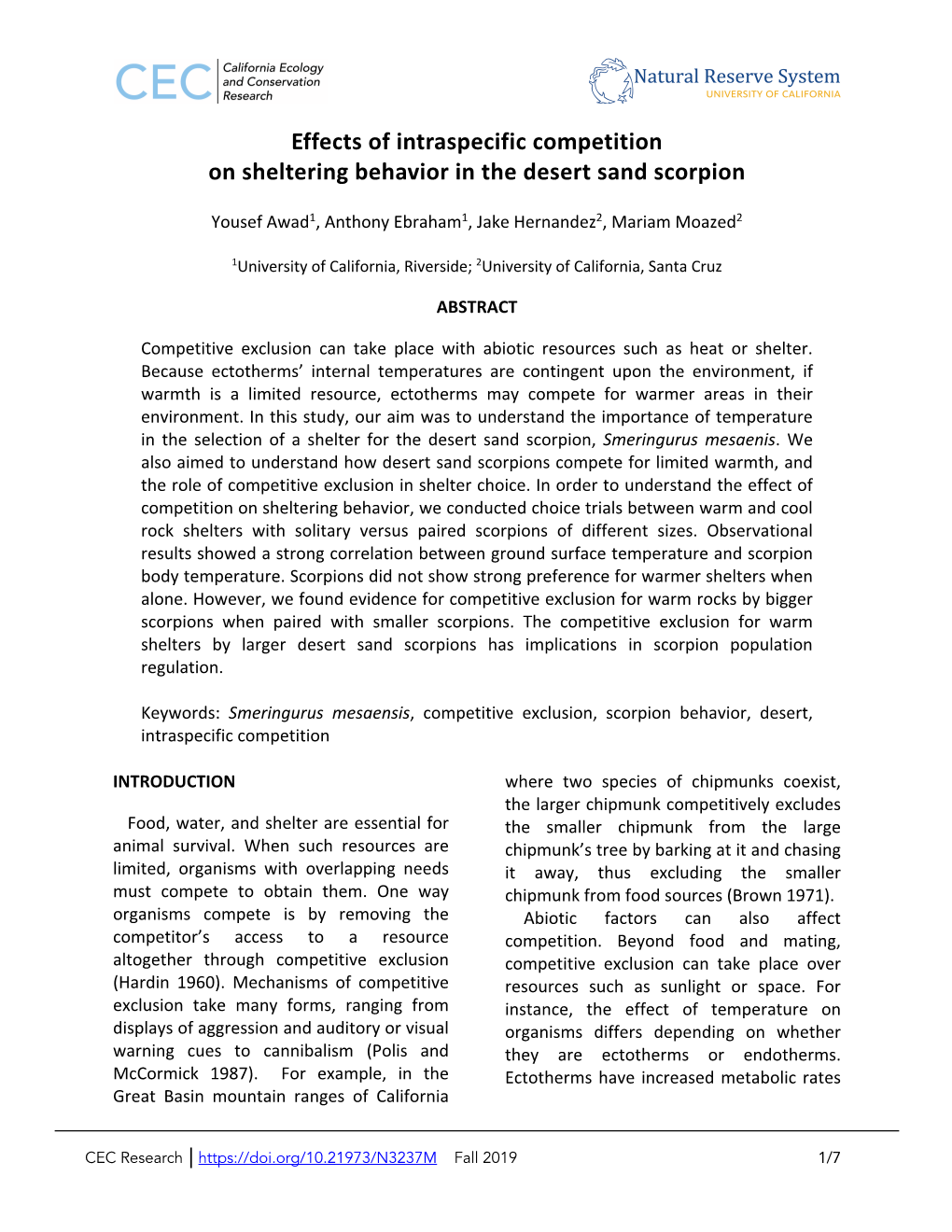 Effects of Intraspecific Competition on Sheltering Behavior in the Desert Sand Scorpion